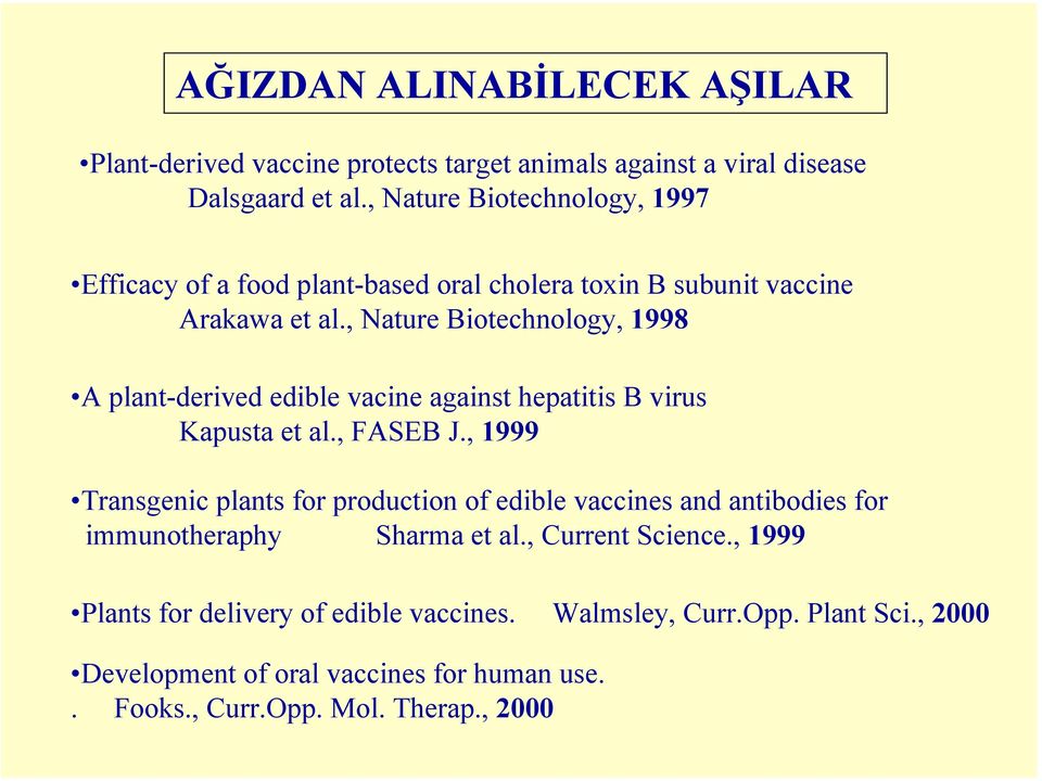 , Nature Biotechnology, 1998 A plant-derived edible vacine against hepatitis B virus Kapusta et al., FASEB J.