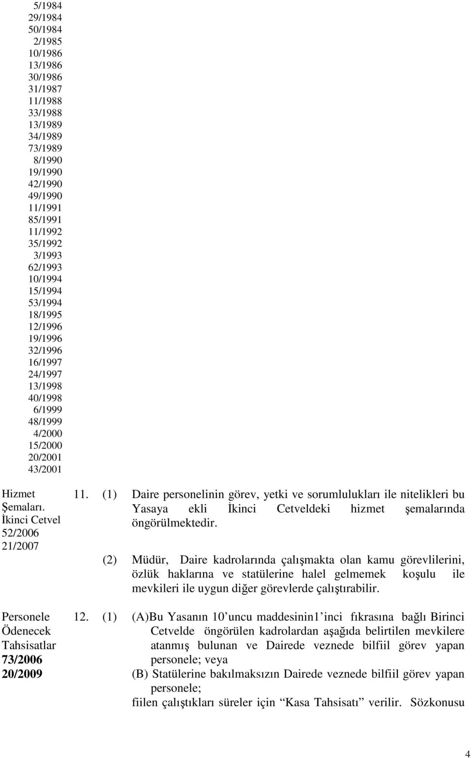 İkinci Cetvel 52/2006 21/2007 Personele Ödenecek Tahsisatlar 73/2006 20/2009 11.