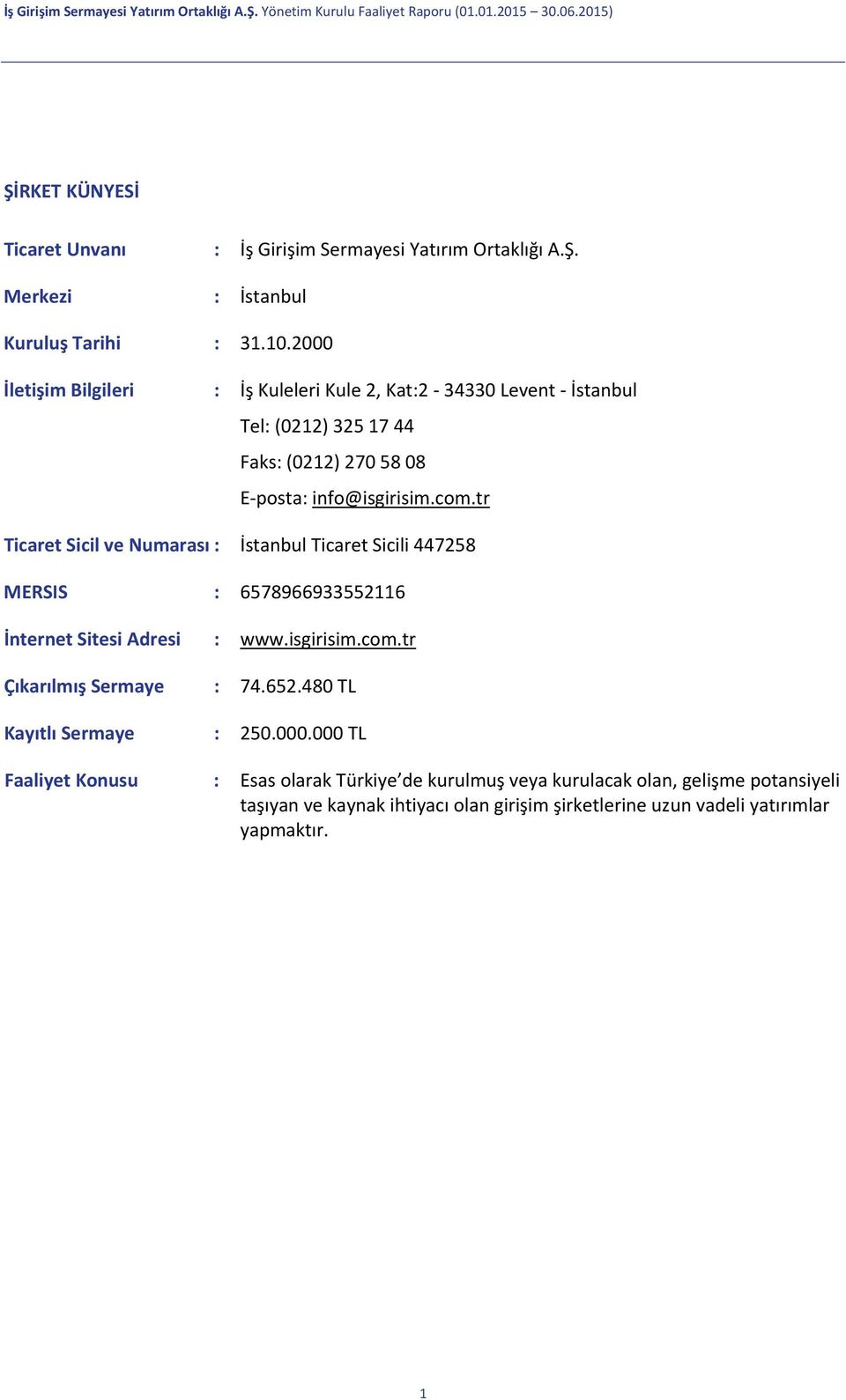 tr Ticaret Sicil ve Numarası : İstanbul Ticaret Sicili 447258 MERSIS : 6578966933552116 İnternet Sitesi Adresi : www.isgirisim.com.tr Çıkarılmış Sermaye : 74.652.