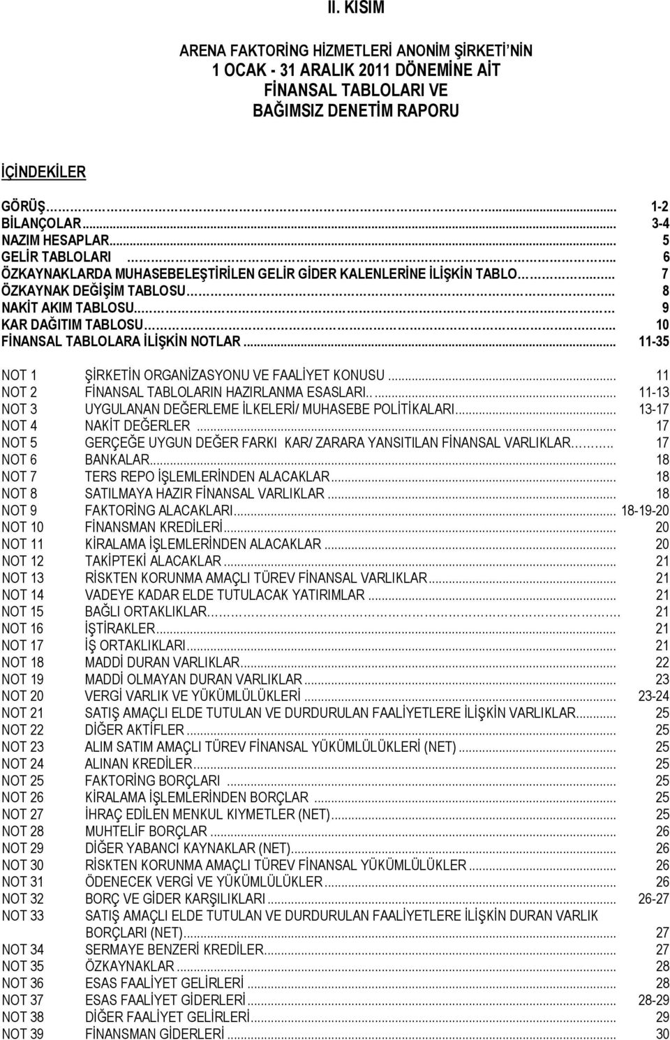 ... 10 FİNANSAL TABLOLARA İLİŞKİN NOTLAR... 11-35 NOT 1 ŞİRKETİN ORGANİZASYONU VE FAALİYET KONUSU... 11 NOT 2 FİNANSAL TABLOLARIN HAZIRLANMA ESASLARI.