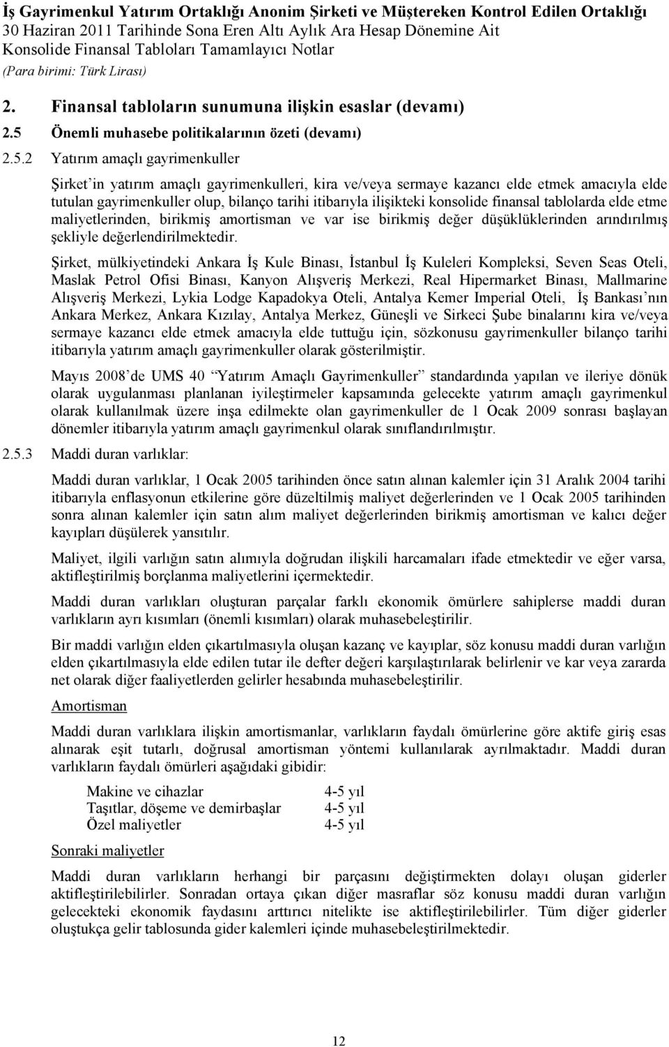 2 Yatırım amaçlı gayrimenkuller Şirket in yatırım amaçlı gayrimenkulleri, kira ve/veya sermaye kazancı elde etmek amacıyla elde tutulan gayrimenkuller olup, bilanço tarihi itibarıyla ilişikteki