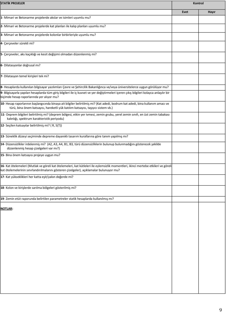 6- Dilatasyonlar doğrusal mı? 7- Dilatasyon temel kirişleri tek mi? 8- Hesaplarda kullanılan bilgisayar yazılımları Çevre ve Şehircilik Bakanlığınca ve/veya üniversitelerce uygun görülüyor mu?