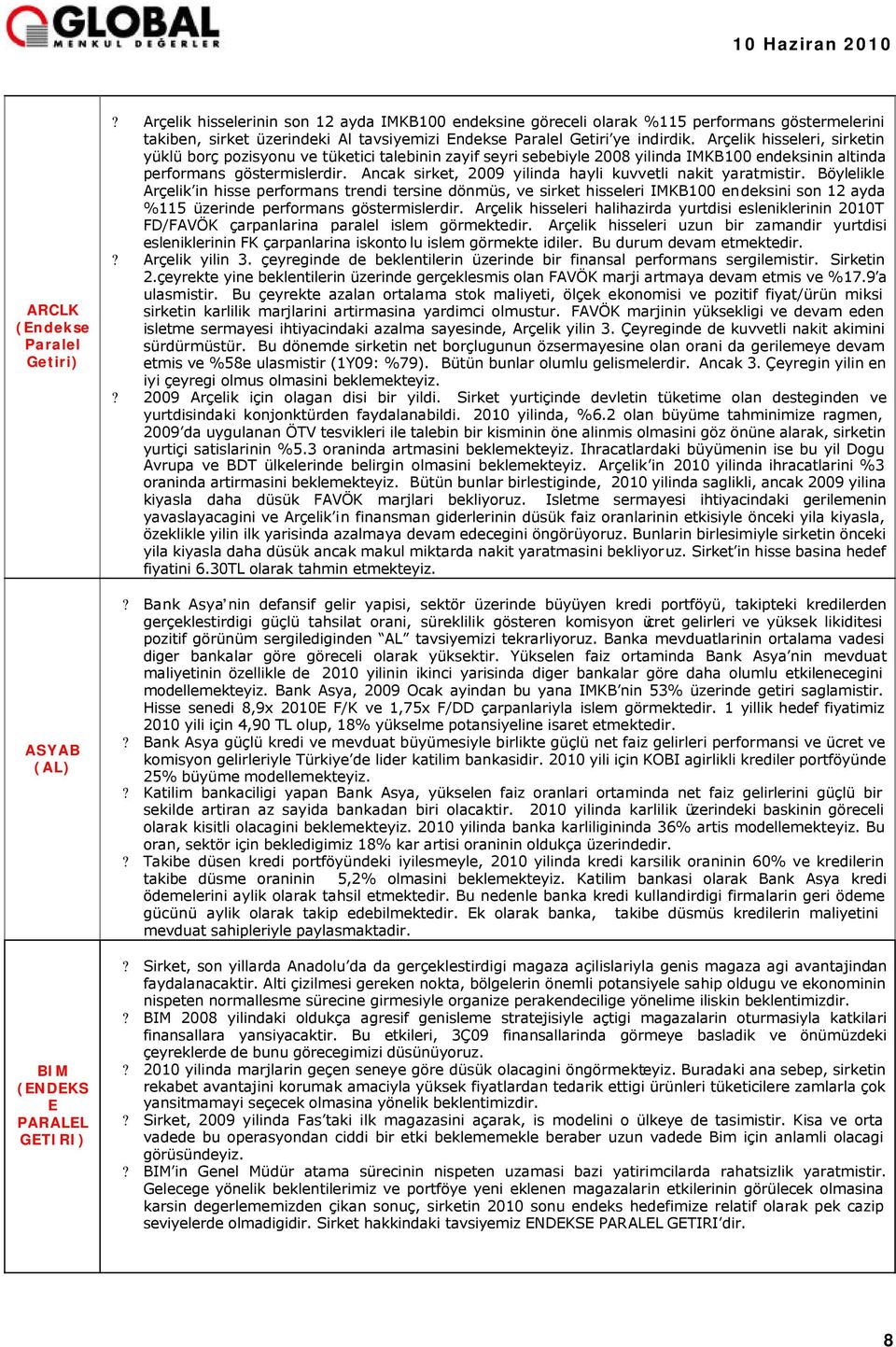 Arçelik hisseleri, sirketin yüklü borç pozisyonu ve tüketici talebinin zayif seyri sebebiyle 2008 yilinda IMKB100 endeksinin altinda performans göstermislerdir.