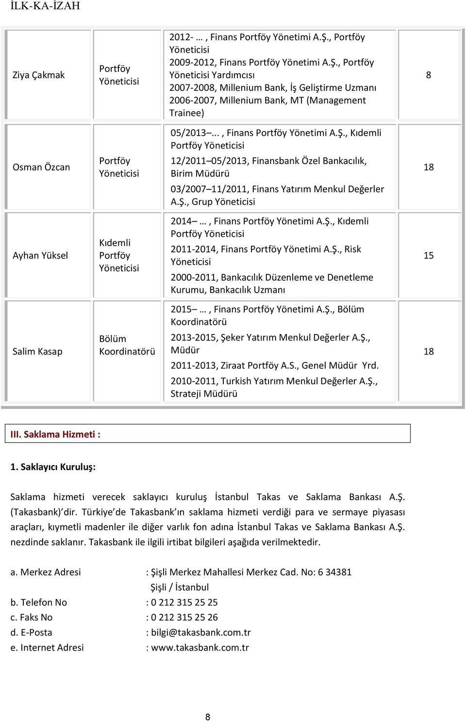 Ş., Kıdemli Portföy 2011-2014, Finans Portföy Yönetimi A.Ş., Risk 2000-2011, Bankacılık Düzenleme ve Denetleme Kurumu, Bankacılık Uzmanı 15 2015, Finans Portföy Yönetimi A.Ş., Bölüm Koordinatörü Salim Kasap Bölüm Koordinatörü 2013-2015, Şeker Yatırım Menkul Değerler A.