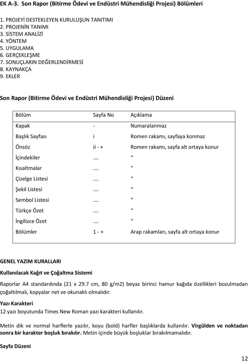 EKLER Son Rapor (Bitirme Ödevi ve Endüstri Mühendisliği Projesi) Düzeni Bölüm Sayfa No Açıklama Kapak Başlık Sayfası Önsöz İçindekiler Kısaltmalar Çizelge Listesi Şekil Listesi Sembol Listesi Türkçe