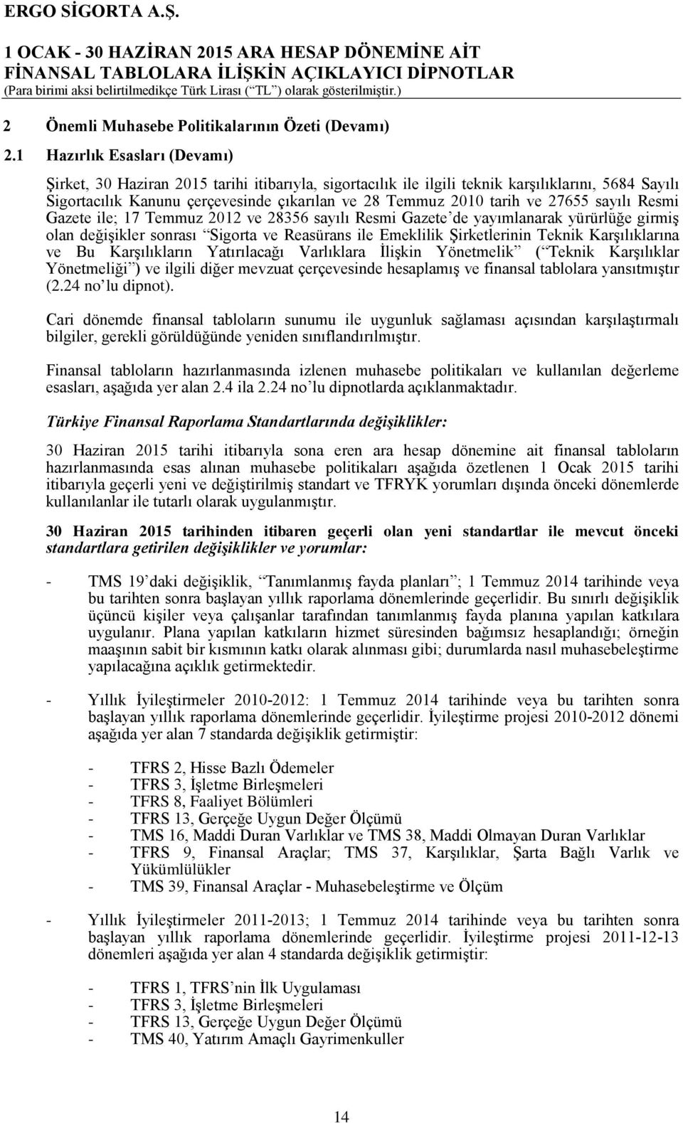 ve 27655 sayılı Resmi Gazete ile; 17 Temmuz 2012 ve 28356 sayılı Resmi Gazete de yayımlanarak yürürlüğe girmiş olan değişikler sonrası Sigorta ve Reasürans ile Emeklilik Şirketlerinin Teknik