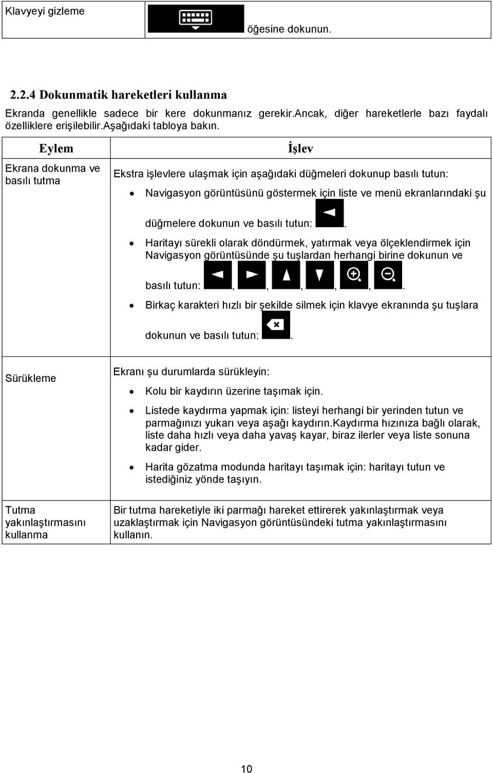 Eylem Ekrana dokunma ve basılı tutma İşlev Ekstra işlevlere ulaşmak için aşağıdaki düğmeleri dokunup basılı tutun: Navigasyon görüntüsünü göstermek için liste ve menü ekranlarındaki şu düğmelere