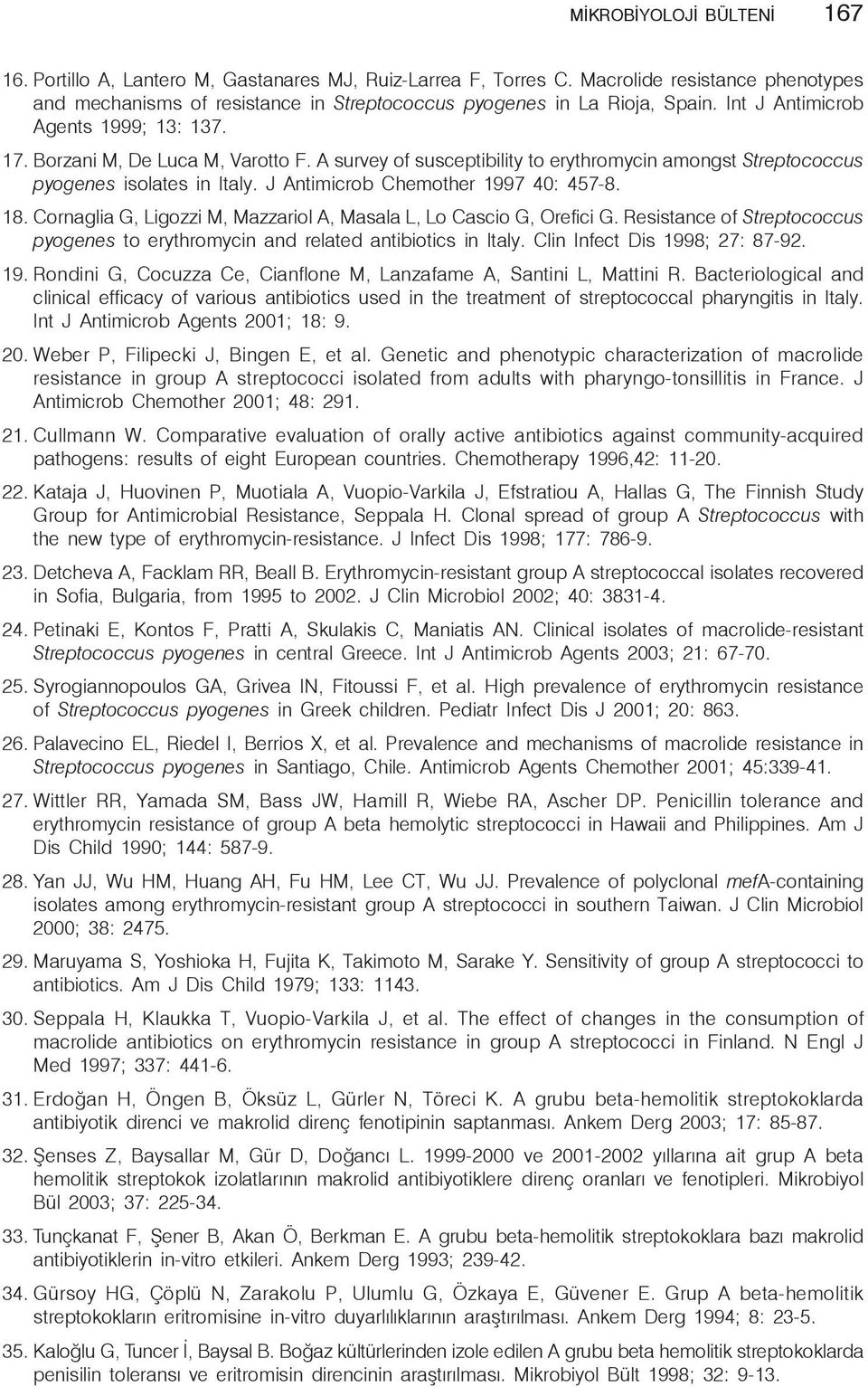 J Antimicrob Chemother 1997 40: 457-8. 18. Cornaglia G, Ligozzi M, Mazzariol A, Masala L, Lo Cascio G, Orefici G. Resistance of Streptococcus pyogenes to erythromycin and related antibiotics in Italy.