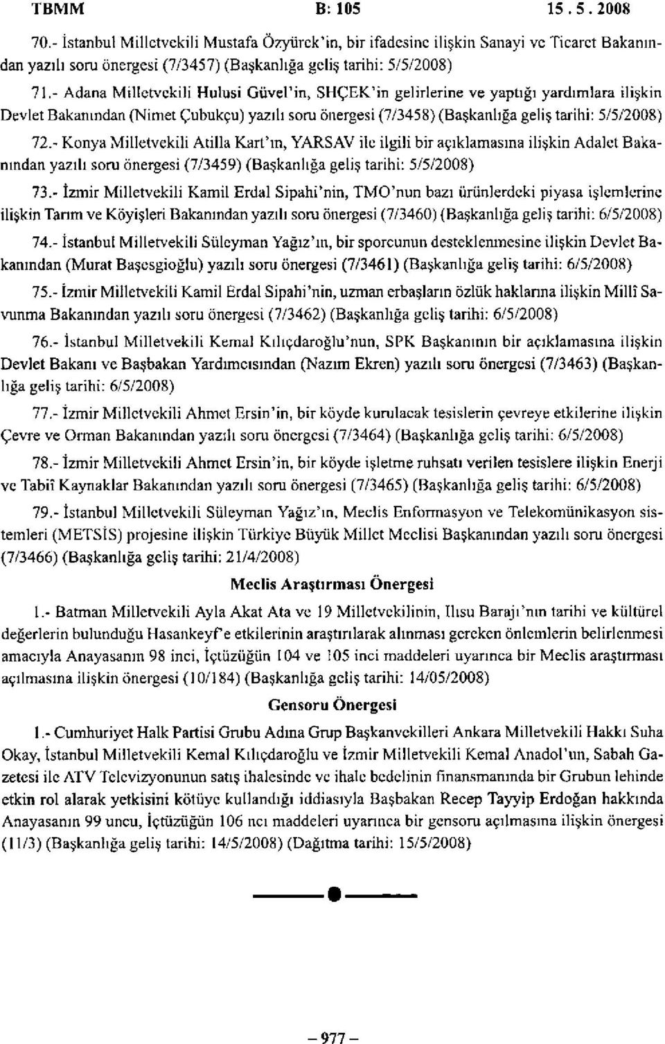 - Konya Milletvekili Atilla Kart'ın, YARSAV ile ilgili bir açıklamasına ilişkin Adalet Bakanından yazılı soru önergesi (7/3459) (Başkanlığa geliş tarihi: 5/5/2008) 73.