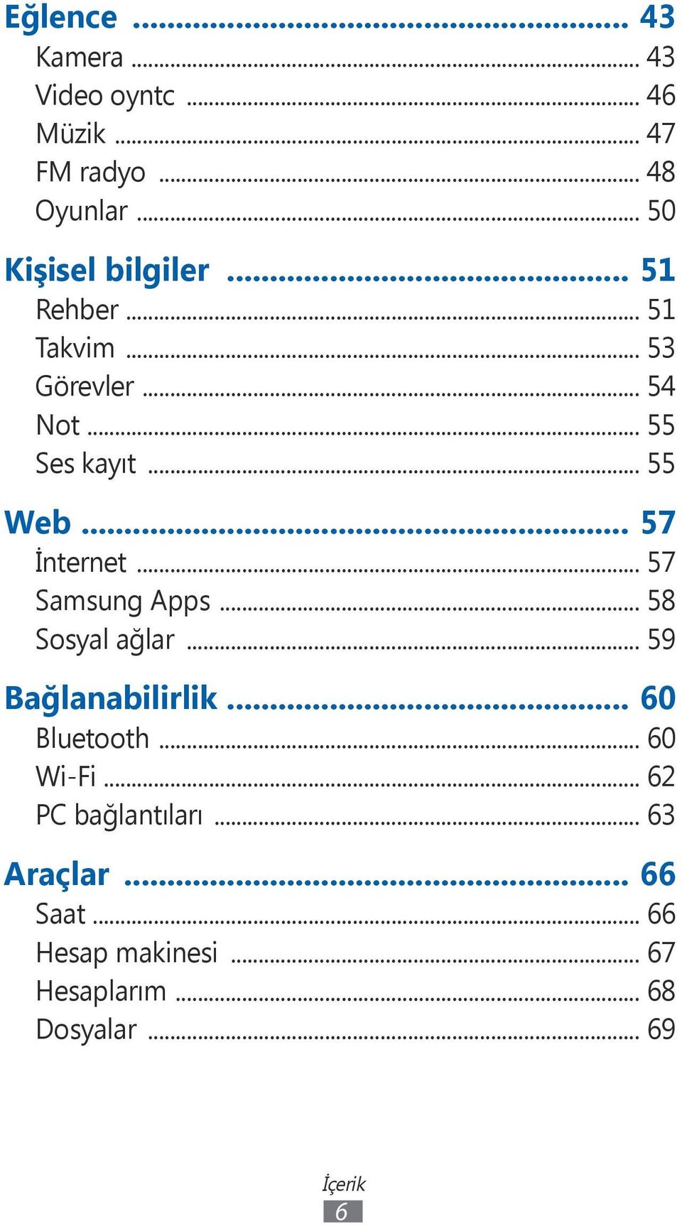 .. 57 İnternet... 57 Samsung Apps... 58 Sosyal ağlar... 59 Bağlanabilirlik... 60 Bluetooth.