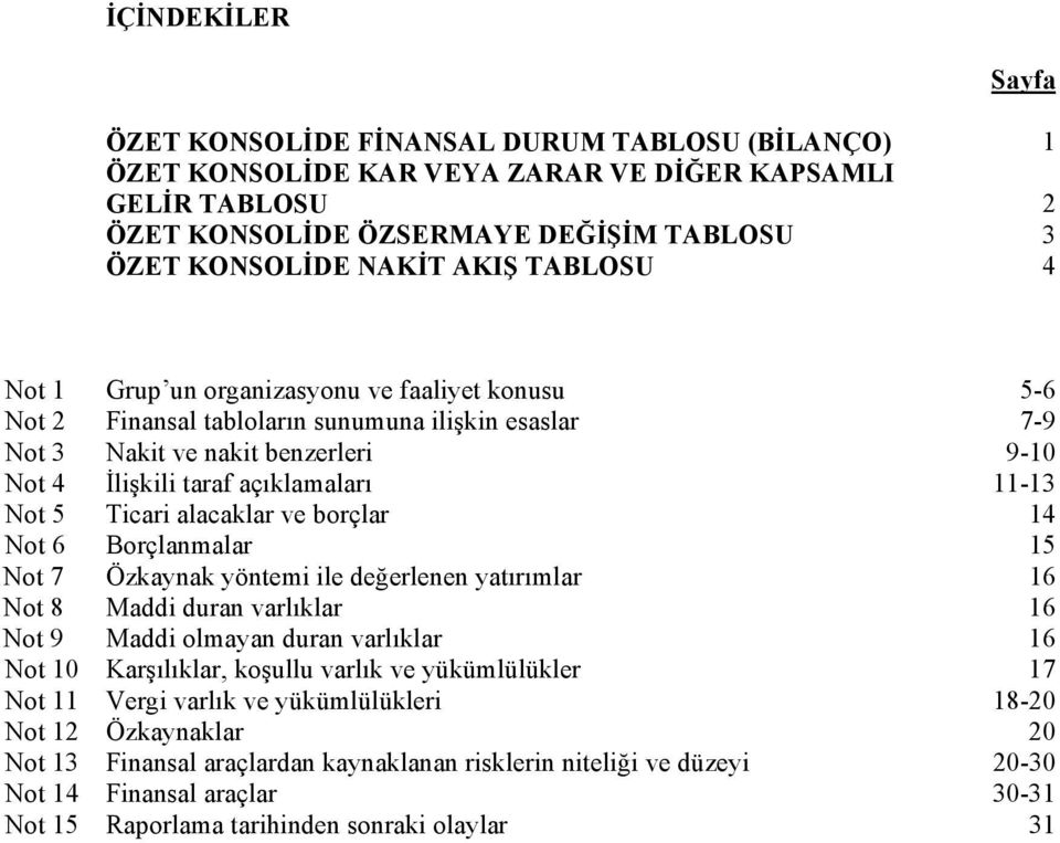 11-13 Not 50 Ticari alacaklar ve borçlar 14 Not 60 Borçlanmalar 15 Not 7 Özkaynak yöntemi ile değerlenen yatırımlar 16 Not 8 Maddi duran varlıklar 16 Not 9 Maddi olmayan duran varlıklar 16 Not 10