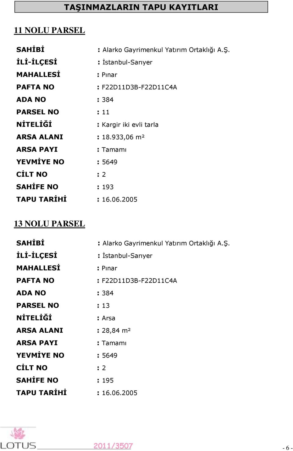 933,06 m² ARSA PAYI : Tamamı YEVMĠYE NO : 5649 CĠLT NO : 2 SAHĠFE NO : 193 TAPU TARĠHĠ : 16.06.2005 13 NOLU PARSEL SAHĠBĠ ĠLĠĠLÇESĠ MAHALLESĠ PAFTA NO : Alarko Gayrimenkul Yatırım Ortaklığı A.