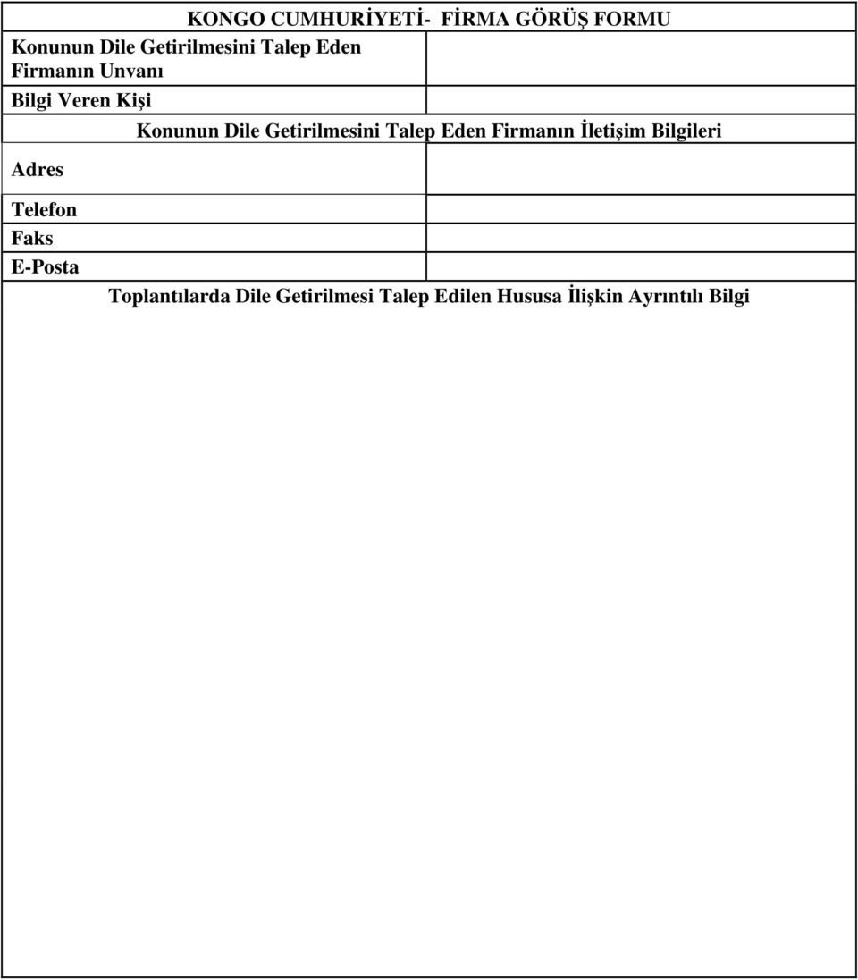 Getirilmesini Talep Eden Firmanın İletişim Bilgileri Telefon Faks