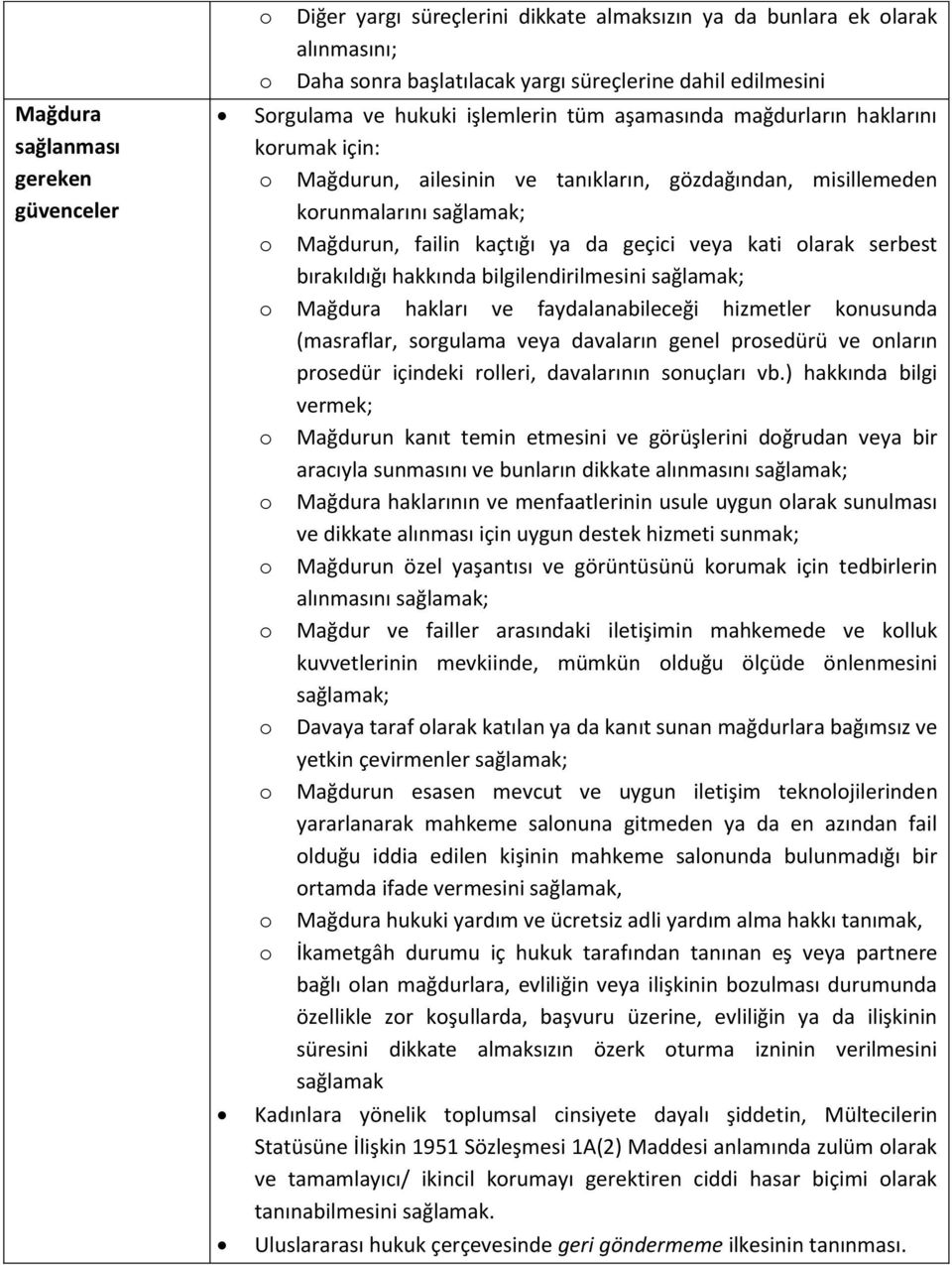 olarak serbest bırakıldığı hakkında bilgilendirilmesini sağlamak; o Mağdura hakları ve faydalanabileceği hizmetler konusunda (masraflar, sorgulama veya davaların genel prosedürü ve onların prosedür