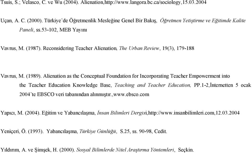 Reconsidering Teacher Alienation, The Urban Review, 19(3), 179-188 Vavrus, M. (1989).