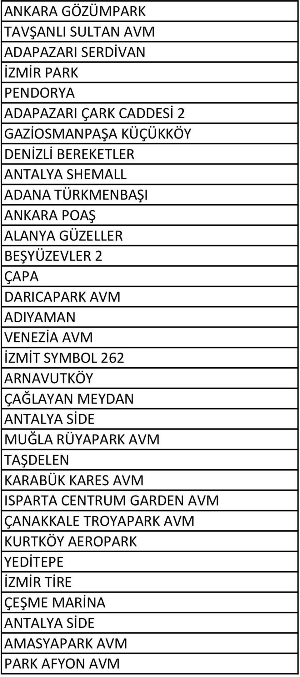 VENEZİA AVM İZMİT SYMBOL 262 ARNAVUTKÖY ÇAĞLAYAN MEYDAN ANTALYA SİDE MUĞLA RÜYAPARK AVM TAŞDELEN KARABÜK KARES AVM ISPARTA