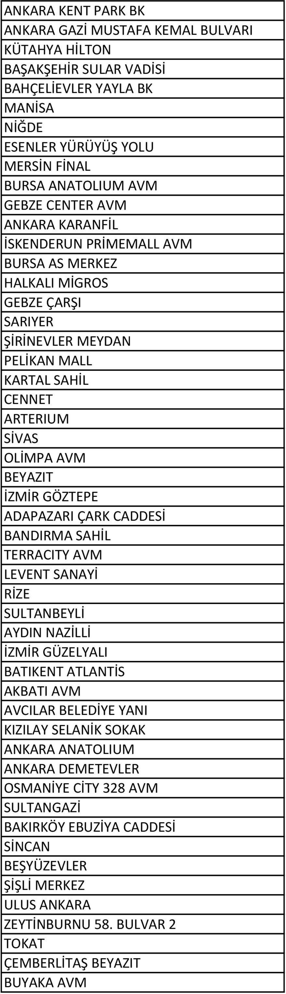 GÖZTEPE ADAPAZARI ÇARK CADDESİ BANDIRMA SAHİL TERRACITY AVM LEVENT SANAYİ RİZE SULTANBEYLİ AYDIN NAZİLLİ İZMİR GÜZELYALI BATIKENT ATLANTİS AKBATI AVM AVCILAR BELEDİYE YANI KIZILAY SELANİK SOKAK