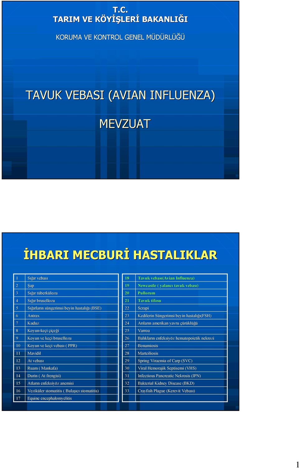 hastalığı ığı(fsh) 7 Kuduz 24 Arılar ların amerikan yavru çürükl klüğü 8 Koyun-ke keçi çiçeği 25 Varroa 9 Koyun ve keçi brusellozu 26 Balıklar kların enfeksiyöz hematopoietik nekrozi 10 Koyun ve keçi