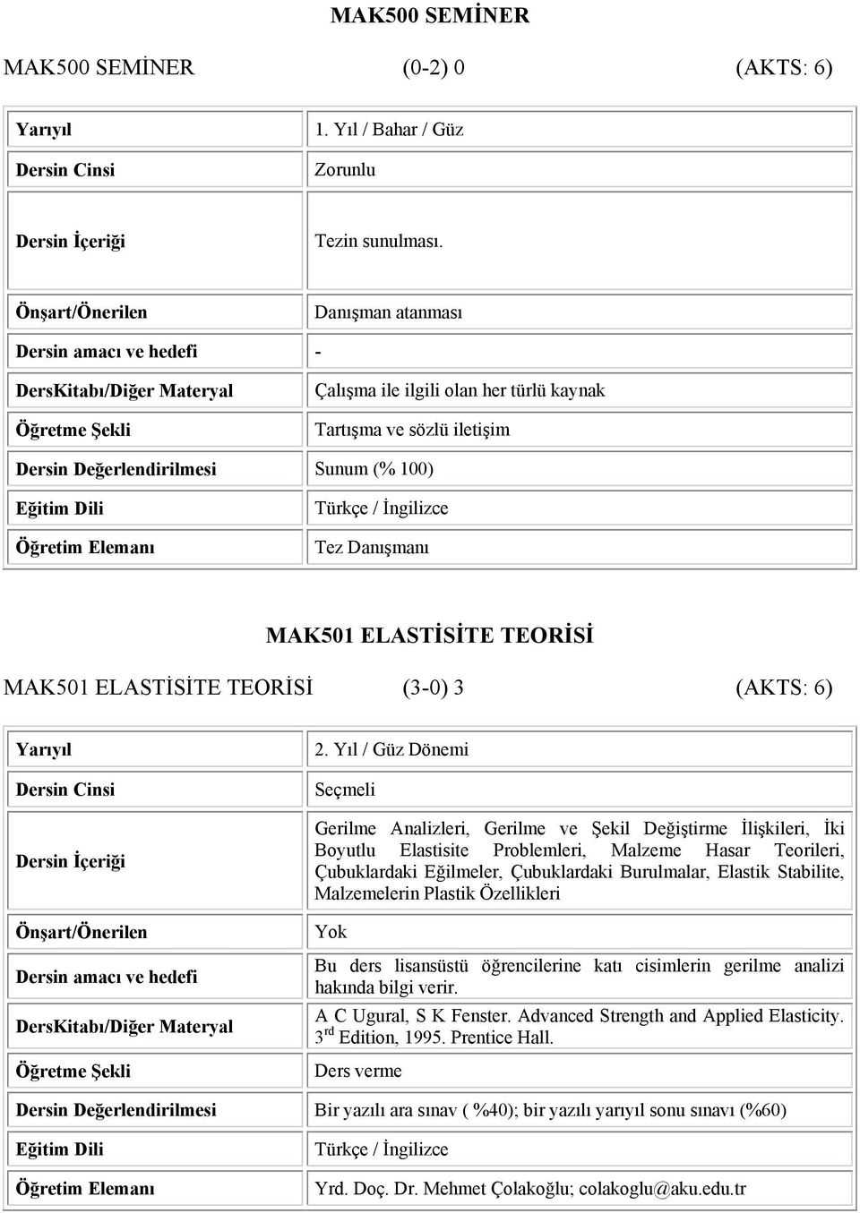 TEORĐSĐ MAK501 ELASTĐSĐTE TEORĐSĐ (3-0) 3 (AKTS: 6) Yarıyıl DersKitabı/Diğer Materyal 2.