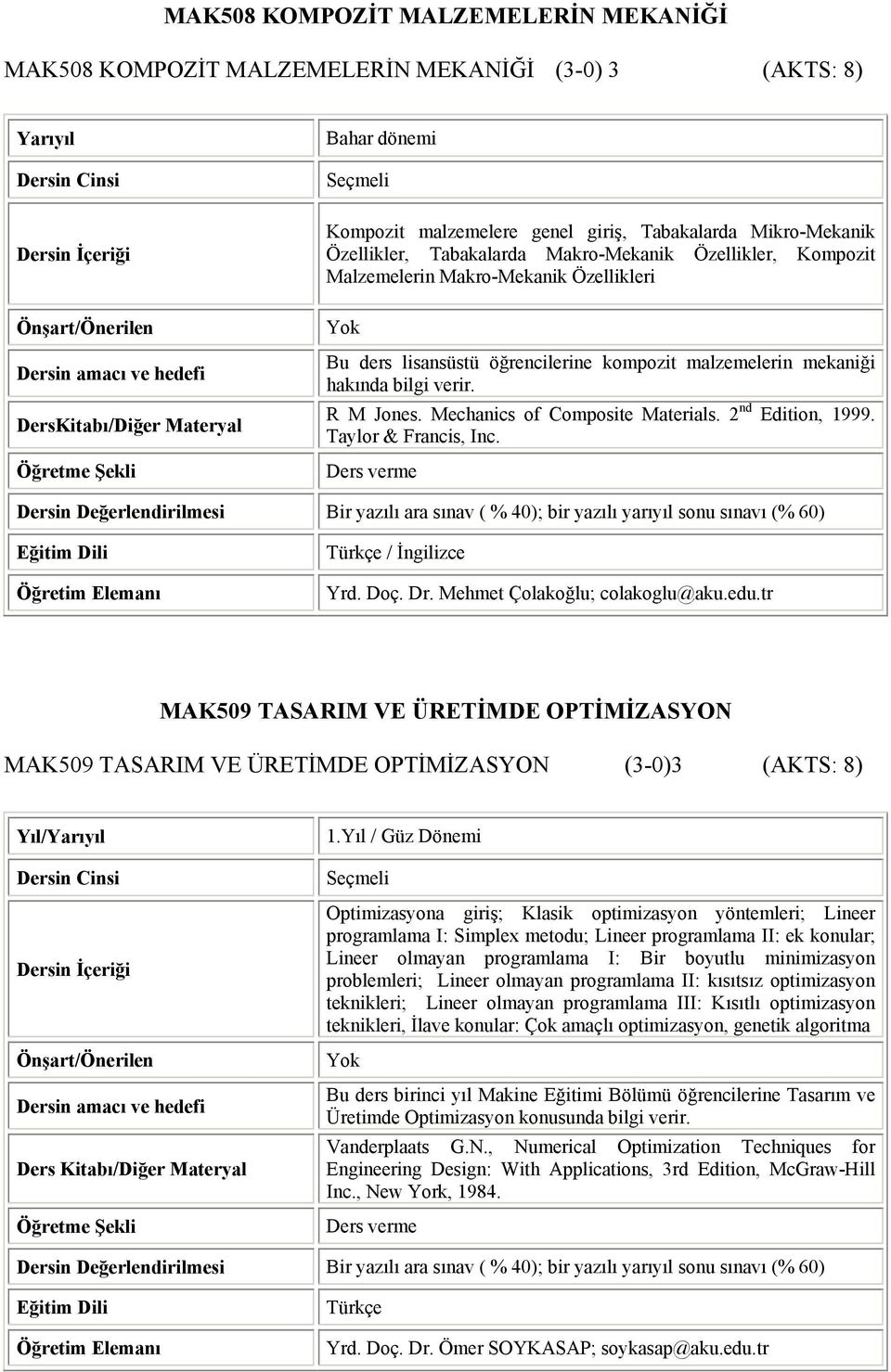 R M Jones. Mechanics of Composite Materials. 2 nd Edition, 1999. Taylor & Francis, Inc. / Đngilizce Yrd. Doç. Dr. Mehmet Çolakoğlu; colakoglu@aku.edu.