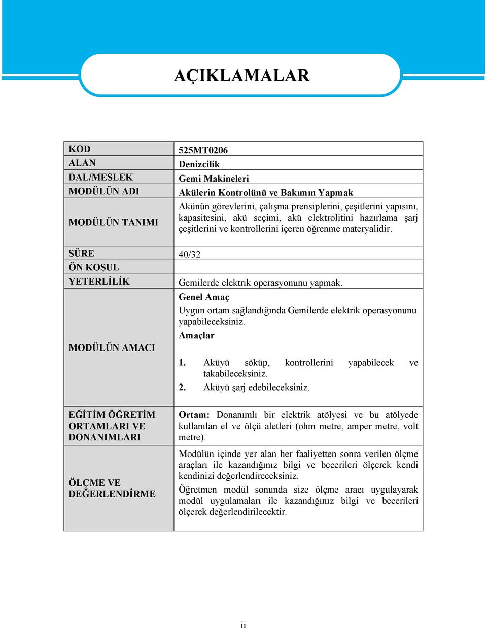 SÜRE 40/32 ÖN KOŞUL YETERLİLİK MODÜLÜN AMACI Gemilerde elektrik operasyonunu yapmak. Genel Amaç Uygun ortam sağlandığında Gemilerde elektrik operasyonunu yapabileceksiniz. Amaçlar 1.