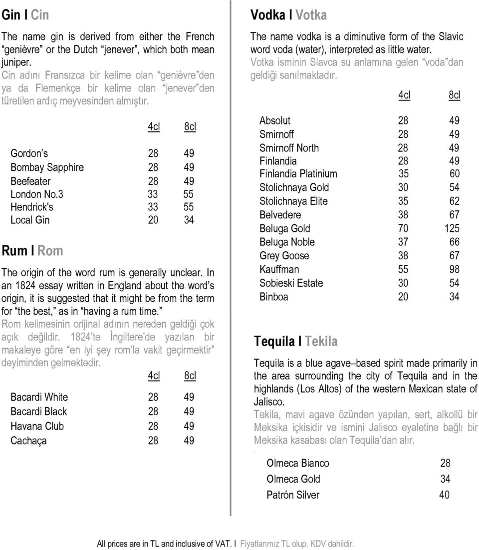 4cl 8cl Gordon s 28 49 Bombay Sapphire 28 49 Beefeater 28 49 London No.3 33 55 Hendrick's 33 55 Local Gin 20 34 Rum I Rom The origin of the word rum is generally unclear.