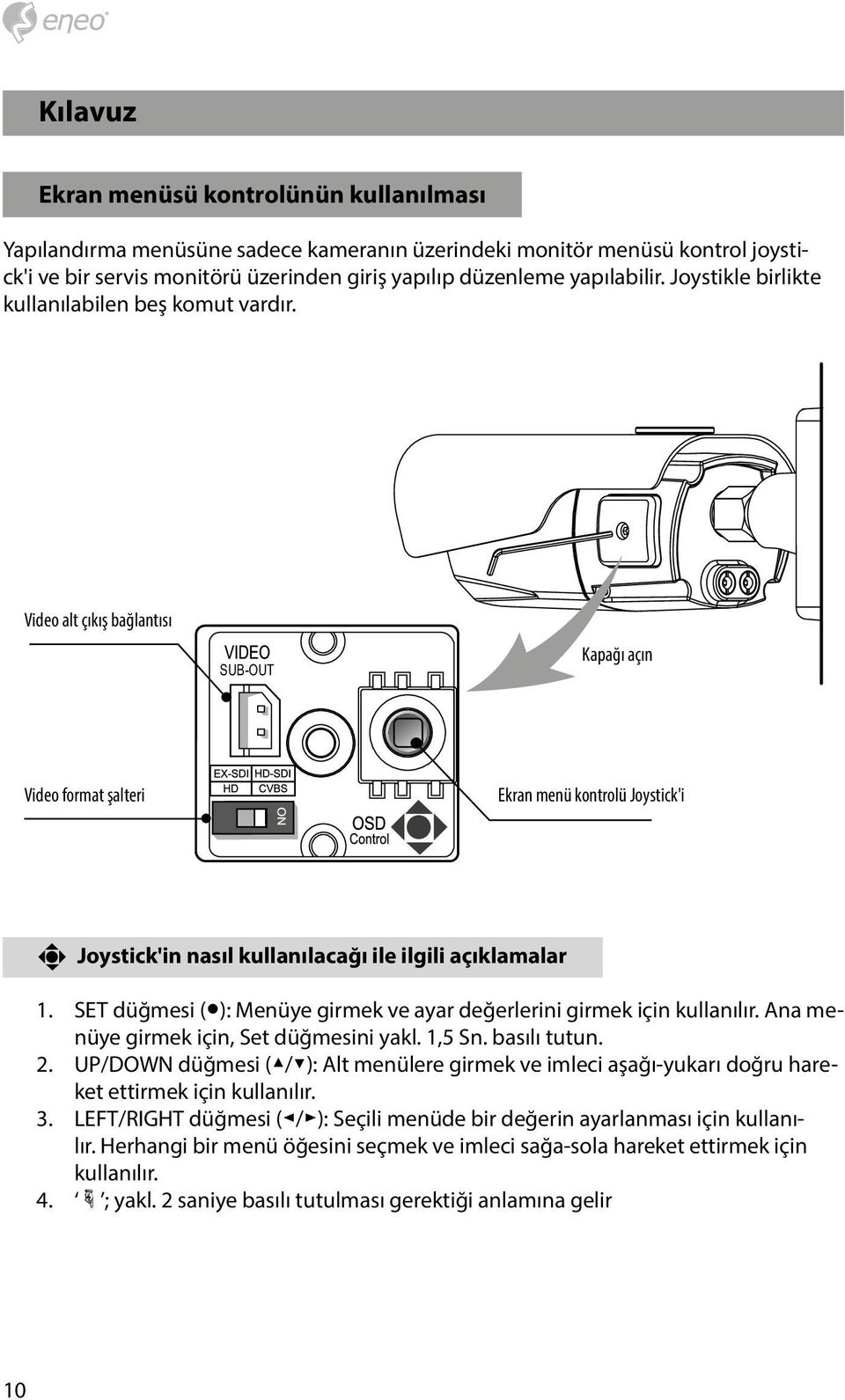 Video alt çıkış bağlantısı SUB-OUT Kapağı açın Video format şalteri Ekran menü kontrolü Joystick'i Joystick'in nasıl kullanılacağı ile ilgili açıklamalar 1.