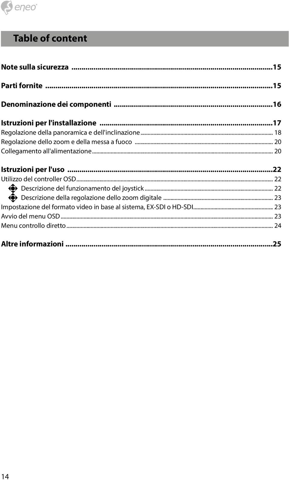 .. 20 Istruzioni per l'uso...22 Utilizzo del controller OSD... 22 Descrizione del funzionamento del joystick.