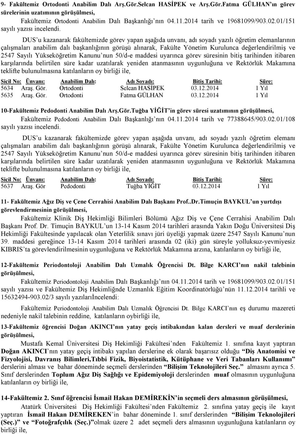 tarihinden itibaren 5634 Araş. Gör. Ortodonti Selcan HASİPEK 03.12.2014 1 Yıl 5635 Araş. Gör. Ortodonti Fatma GÜLHAN 03.12.2014 1 Yıl 10-Fakültemiz Pedodonti Anabilim Dalı Arş.Gör.Tuğba YİĞİT in görev süresi uzatımının Fakültemiz Pedodonti Anabilim Dalı Başkanlığı nın 04.