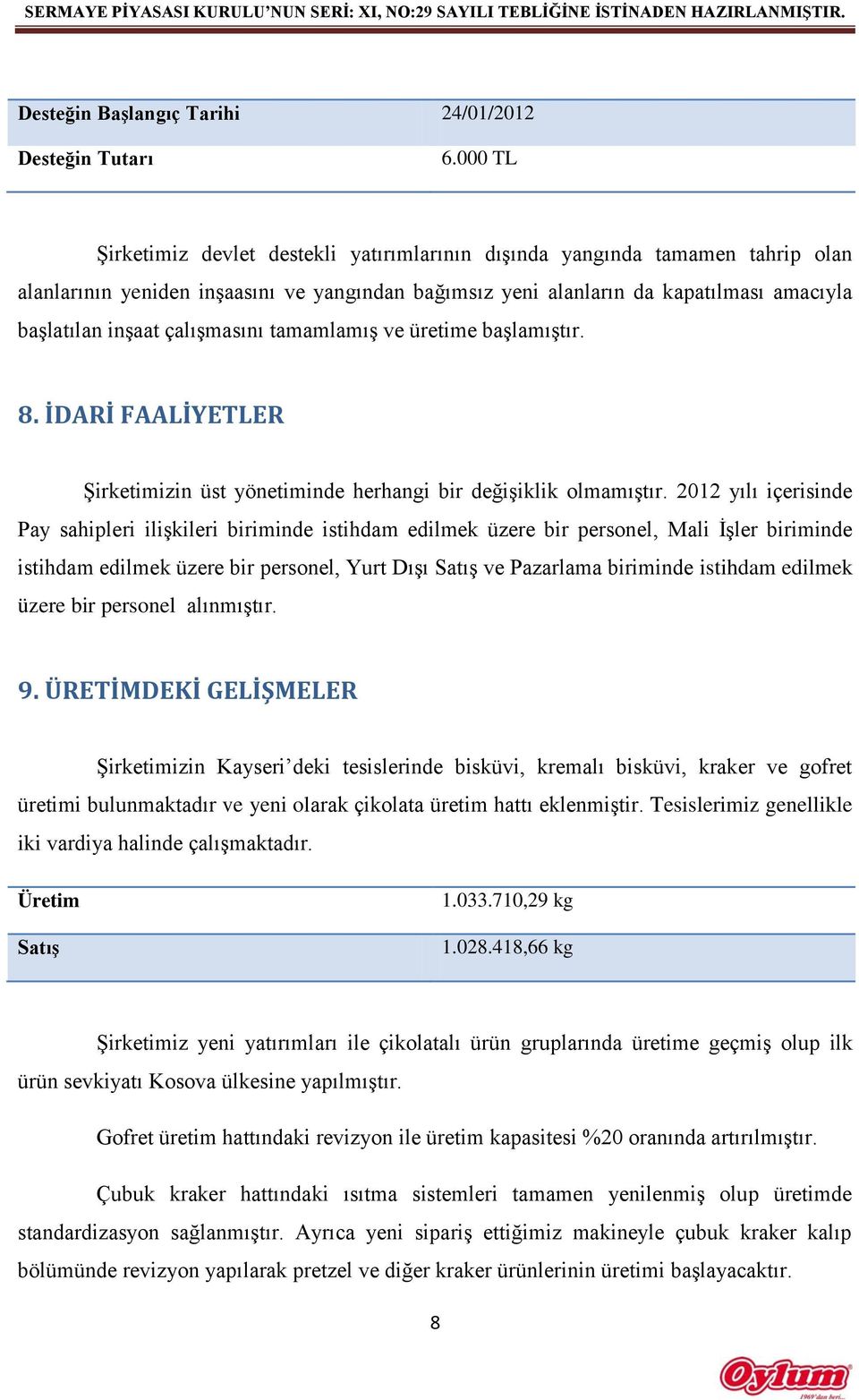 çalışmasını tamamlamış ve üretime başlamıştır. 8. İDARİ FAALİYETLER Şirketimizin üst yönetiminde herhangi bir değişiklik olmamıştır.