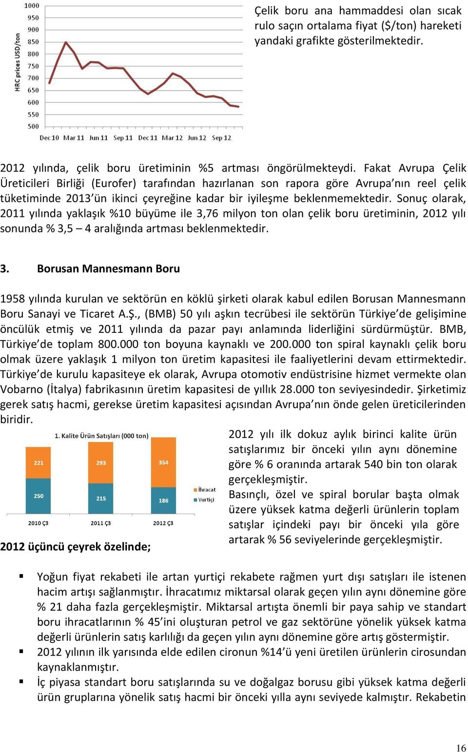 Sonuç olarak, 2011 yılında yaklaşık %10 büyüme ile 3,76 milyon ton olan çelik boru üretiminin, 2012 yılı sonunda % 3,5 4 aralığında artması beklenmektedir. 3. Borusan Mannesmann Boru 1958 yılında kurulan ve sektörün en köklü şirketi olarak kabul edilen Borusan Mannesmann Boru Sanayi ve Ticaret A.