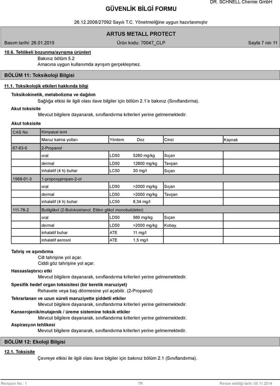 Kimyasal ismi Maruz kalma yolları Yöntem Doz Cinsi Kaynak 67-6-0 2-Propanol oral LD50 5280 mg/kg Sıçan dermal LD50 12800 mg/kg Tavşan inhalatif (4 h) buhar LC50 0 mg/l Sıçan 1569-01-