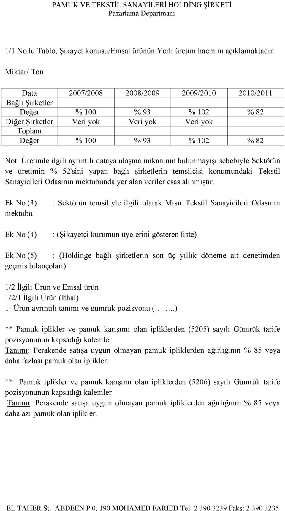 yok Veri yok Veri yok Toplam Değer % 100 % 93 % 102 % 82 Not: Üretimle ilgili ayrıntılı dataya ulaşma imkanının bulunmayışı sebebiyle Sektörün ve üretimin % 52'sini yapan bağlı şirketlerin temsilcisi