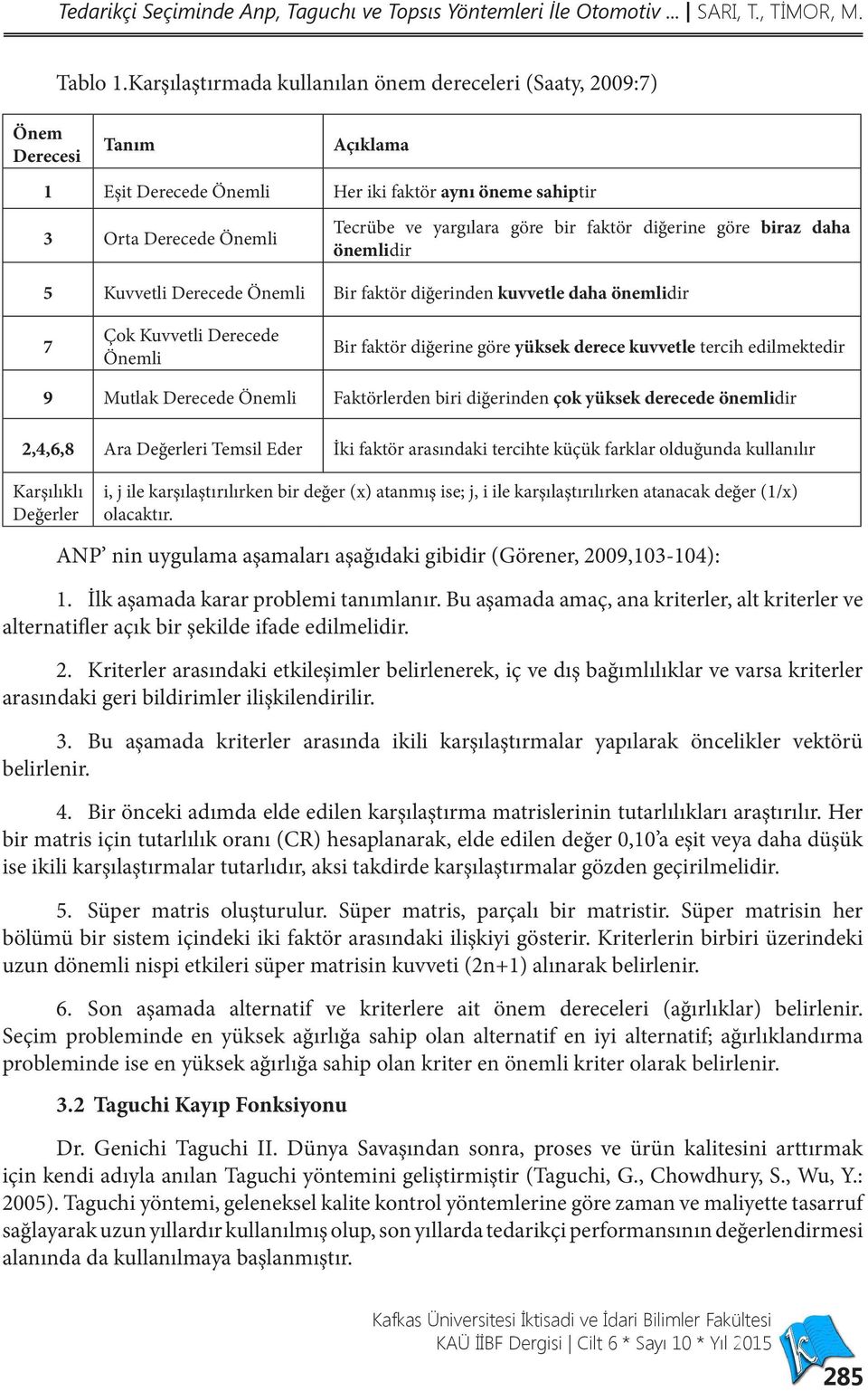 faktör diğerine göre biraz daha önemlidir 5 Kuvvetli Derecede Önemli Bir faktör diğerinden kuvvetle daha önemlidir 7 Çok Kuvvetli Derecede Önemli Bir faktör diğerine göre yüksek derece kuvvetle