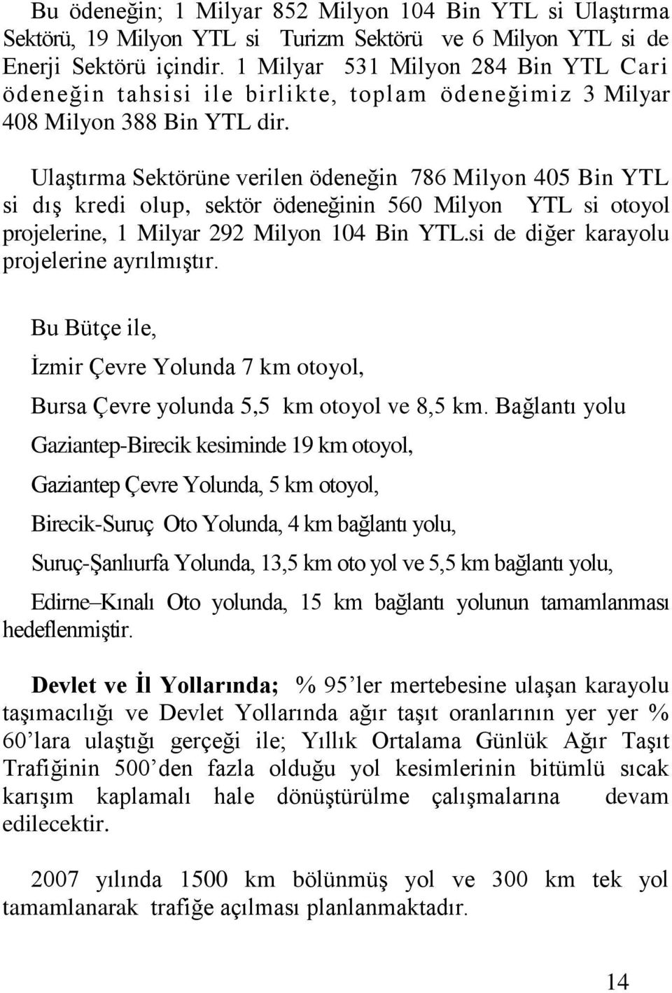 Ulaştırma Sektörüne verilen ödeneğin 786 Milyon 405 Bin YTL si dış kredi olup, sektör ödeneğinin 560 Milyon YTL si otoyol projelerine, 1 Milyar 292 Milyon 104 Bin YTL.