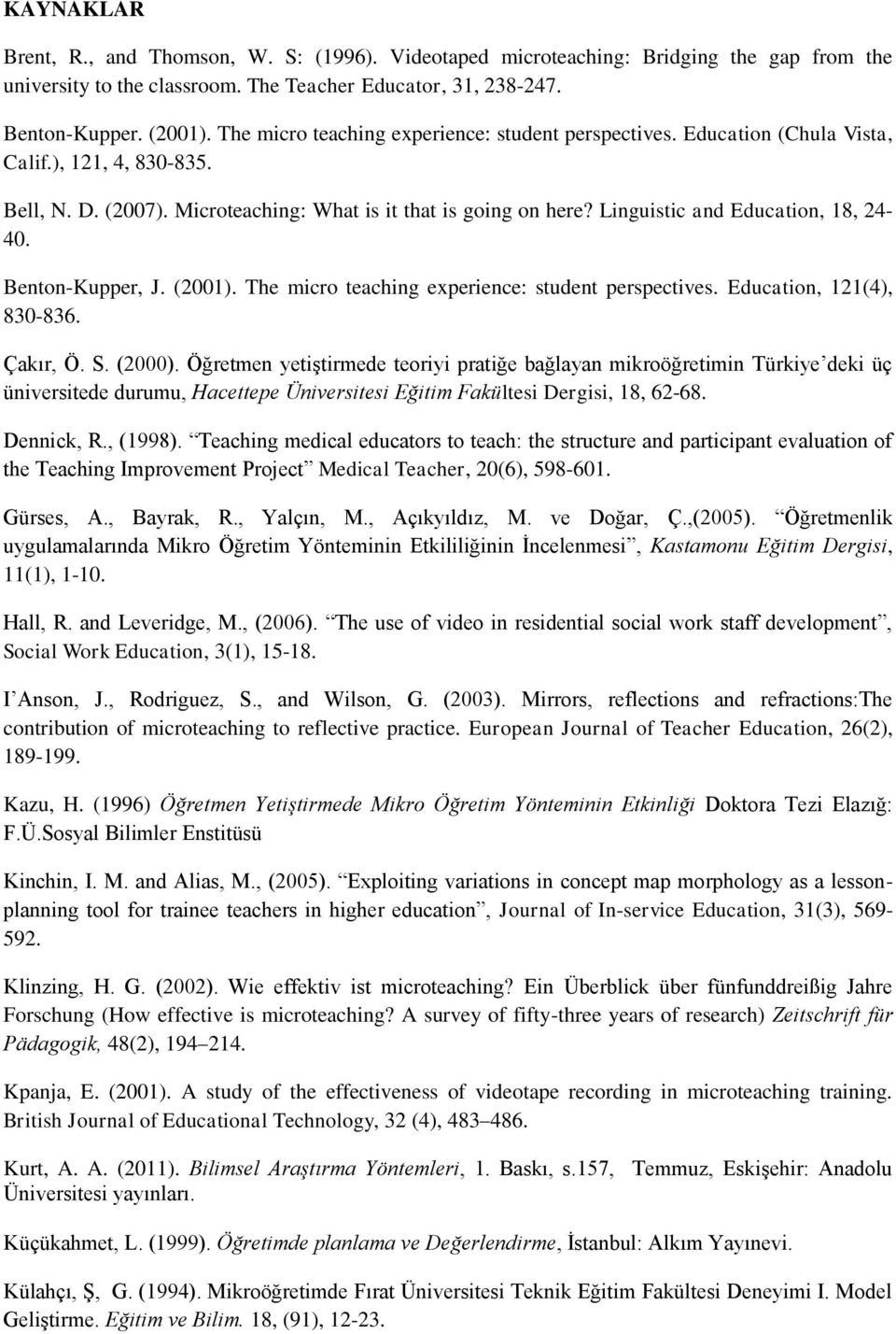 Linguistic and Education, 18, 24-40. Benton-Kupper, J. (2001). The micro teaching experience: student perspectives. Education, 121(4), 830-836. Çakır, Ö. S. (2000).