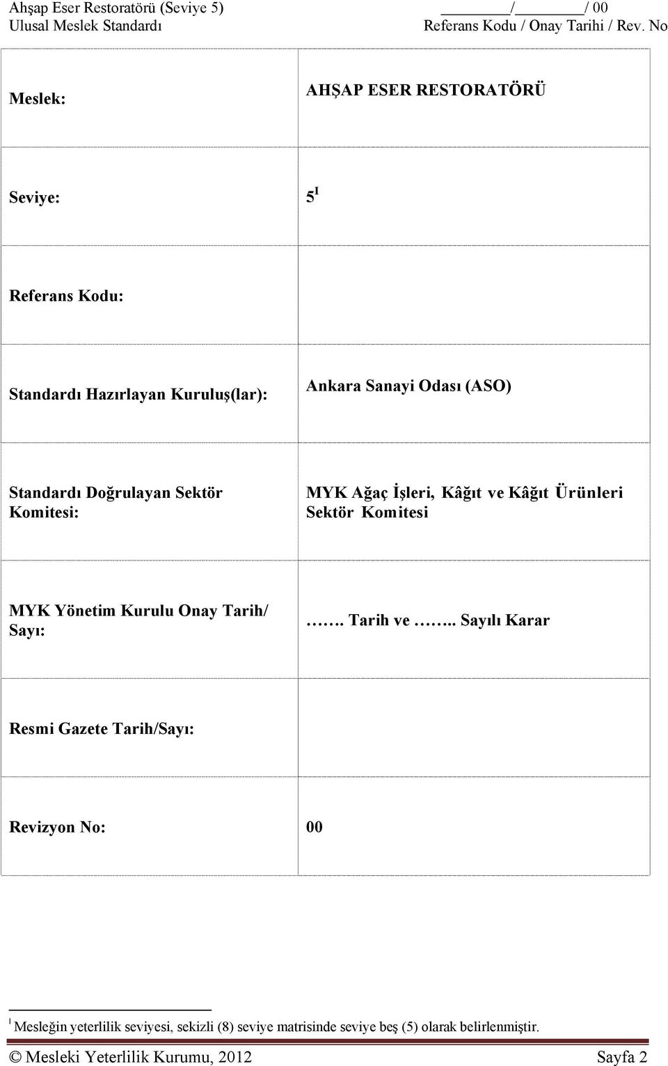 Doğrulayan Sektör Komitesi: MYK Ağaç İşleri, Kâğıt ve Kâğıt Ürünleri Sektör Komitesi MYK Yönetim Kurulu Onay Tarih/ Sayı:. Tarih ve.