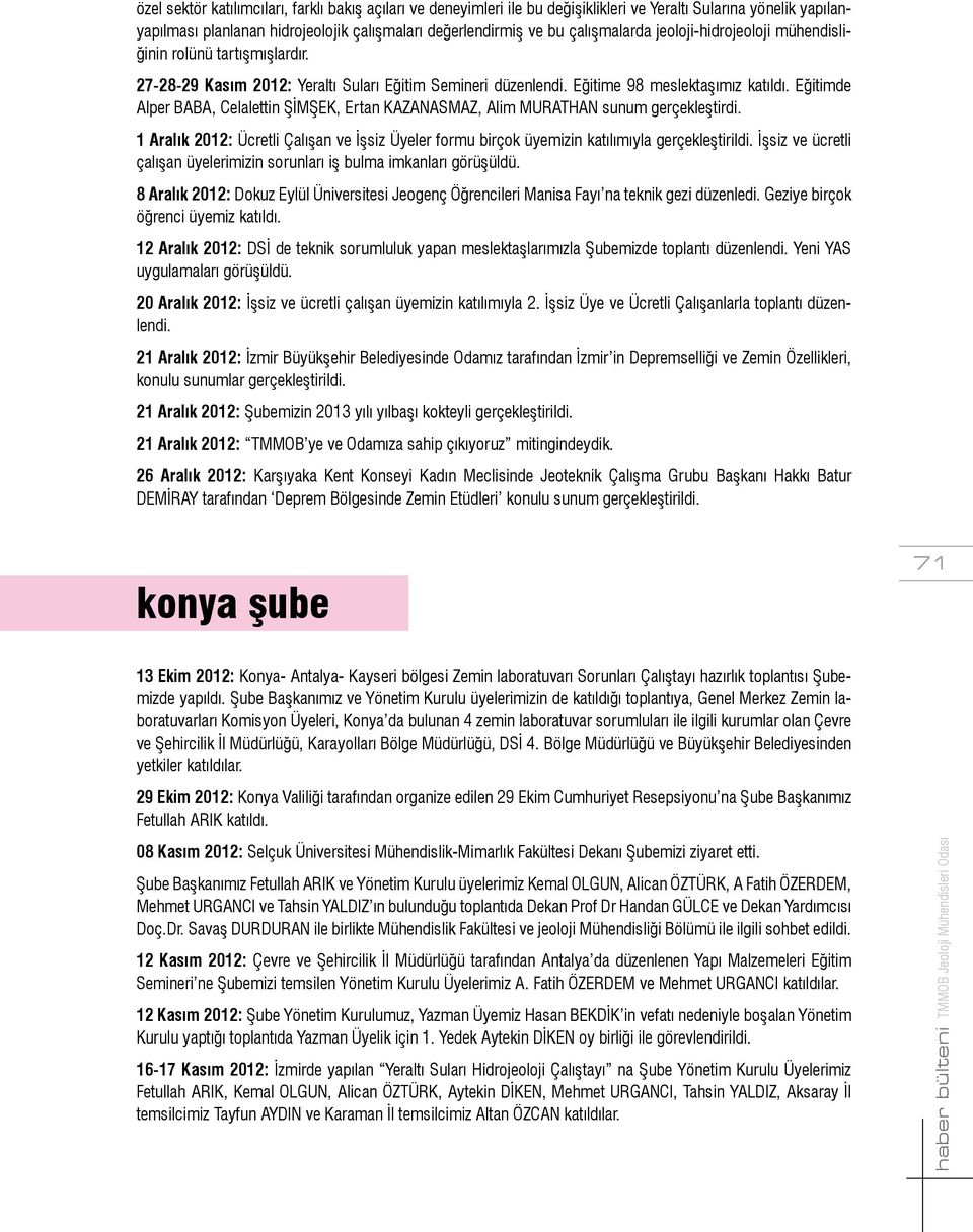 Eğitimde Alper BABA, Celalettin ŞİMŞEK, Ertan KAZANASMAZ, Alim MURATHAN sunum gerçekleştirdi. 1 Aralık 2012: Ücretli Çalışan ve İşsiz Üyeler formu birçok üyemizin katılımıyla gerçekleştirildi.