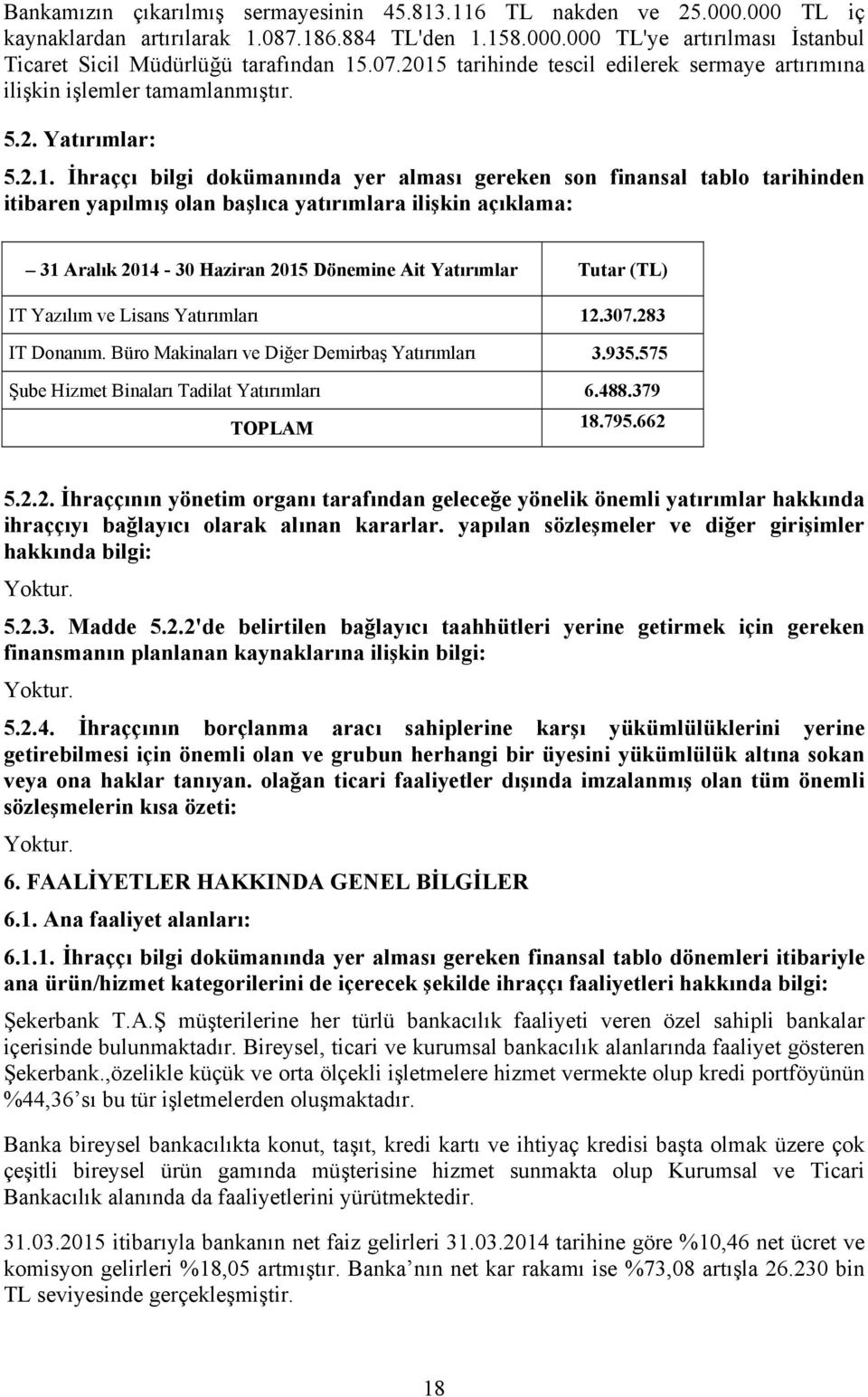 tarihinde tescil edilerek sermaye artırımına ilişkin işlemler tamamlanmıştır. 5.2. Yatırımlar: 5.2.1.