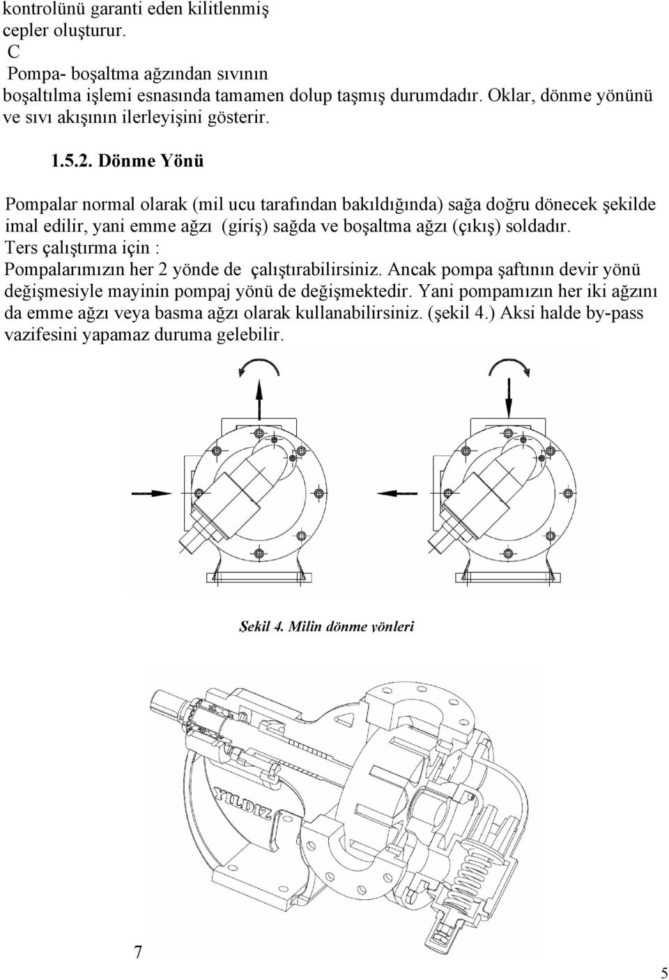 Dönme Yönü Pompalar normal olarak (mil ucu tarafından bakıldığında) sağa doğru dönecek şekilde imal edilir, yani emme ağzı (giriş) sağda ve boşaltma ağzı (çıkış) soldadır.