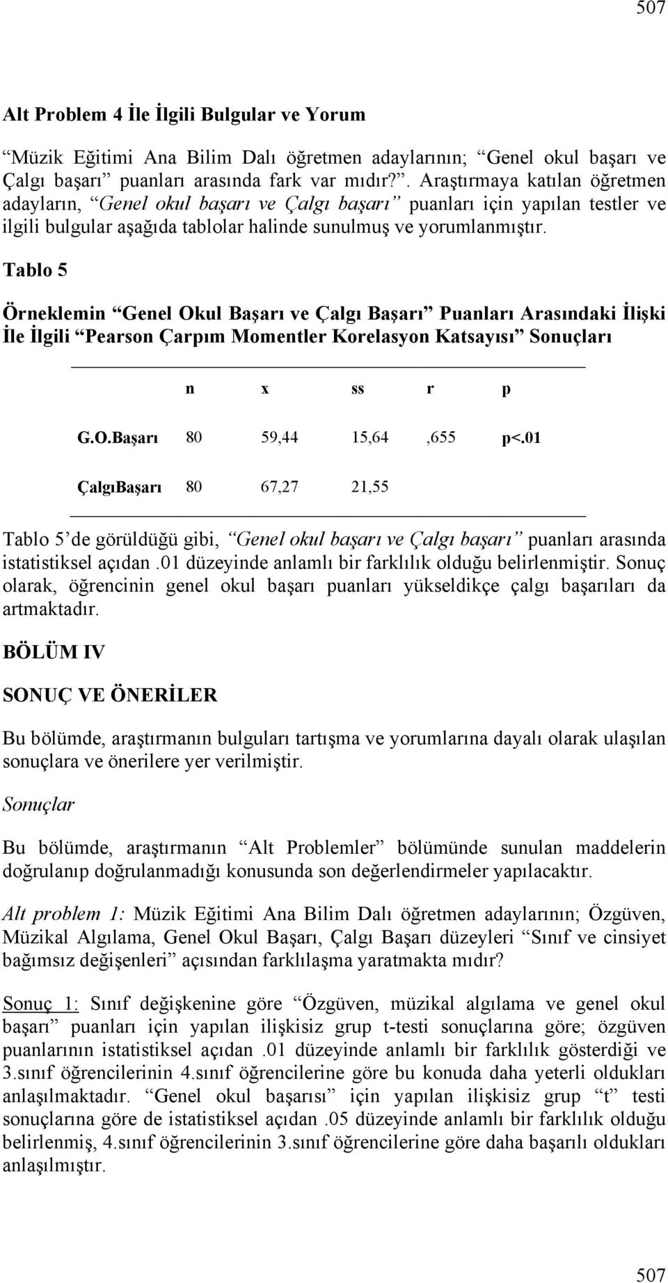 Tablo 5 Örneklemin Genel Okul Başarı ve Çalgı Başarı Puanları Arasındaki İlişki İle İlgili Pearson Çarpım Momentler Korelasyon Katsayısı Sonuçları n x ss r p G.O.Başarı 80 59,44 15,64,655 p<.