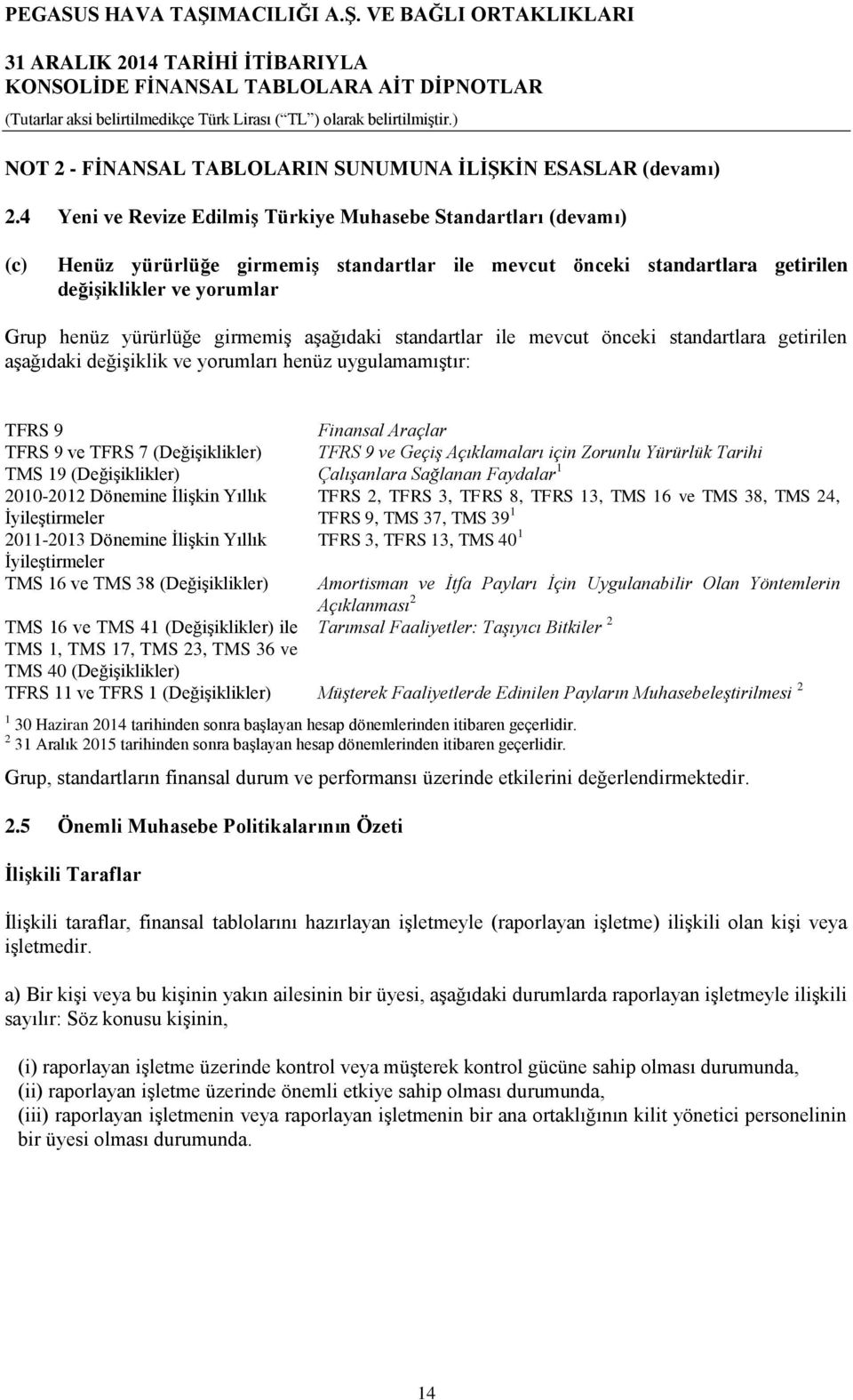 girmemiş aşağıdaki standartlar ile mevcut önceki standartlara getirilen aşağıdaki değişiklik ve yorumları henüz uygulamamıştır: TFRS 9 Finansal Araçlar TFRS 9 ve TFRS 7 (Değişiklikler) TFRS 9 ve