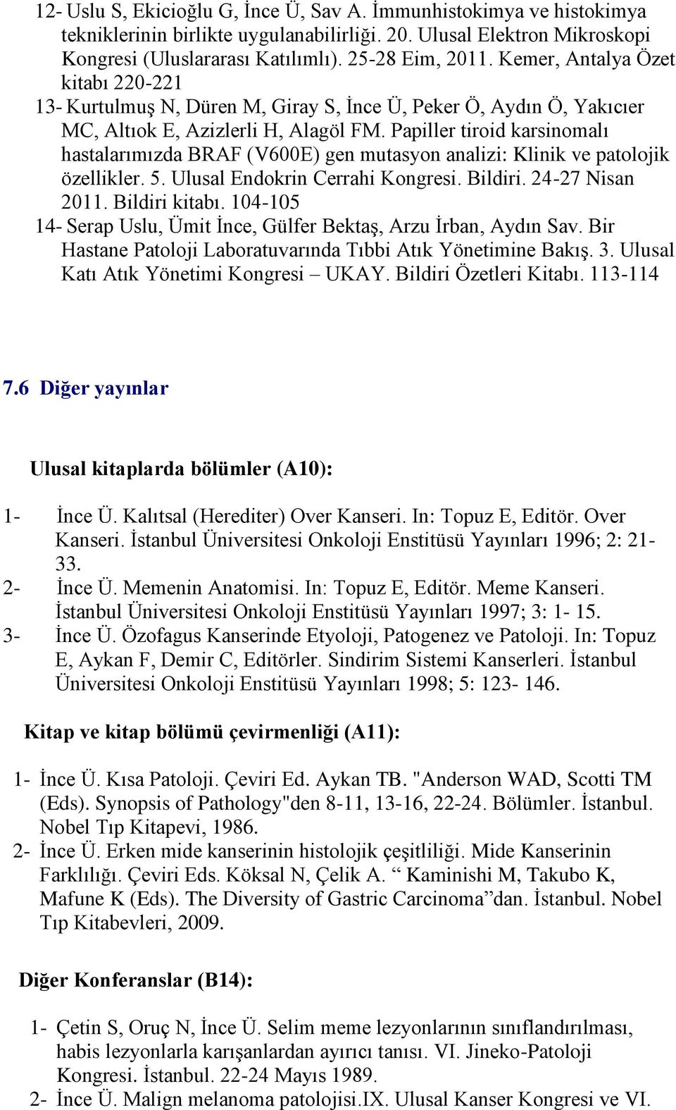 Papiller tiroid karsinomalı hastalarımızda BRAF (V600E) gen mutasyon analizi: Klinik ve patolojik özellikler. 5. Ulusal Endokrin Cerrahi Kongresi. Bildiri. 24-27 Nisan 2011. Bildiri kitabı.