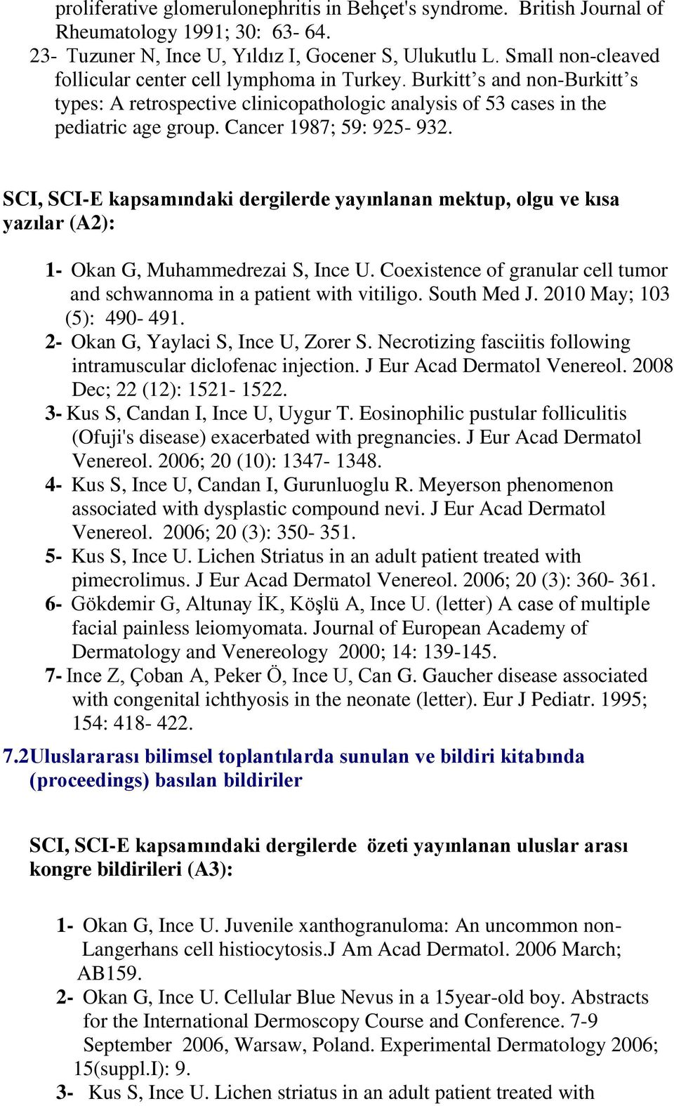 Cancer 1987; 59: 925-932. SCI, SCI-E kapsamındaki dergilerde yayınlanan mektup, olgu ve kısa yazılar (A2): 1- Okan G, Muhammedrezai S, Ince U.