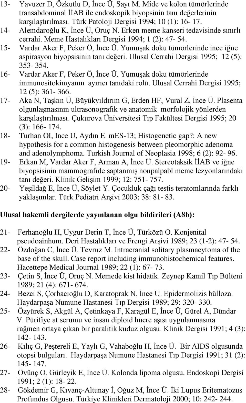 Yumuşak doku tümörlerinde ince iğne aspirasyon biyopsisinin tanı değeri. Ulusal Cerrahi Dergisi 1995; 12 (5): 353-354. 16- Vardar Aker F, Peker Ö, İnce Ü.