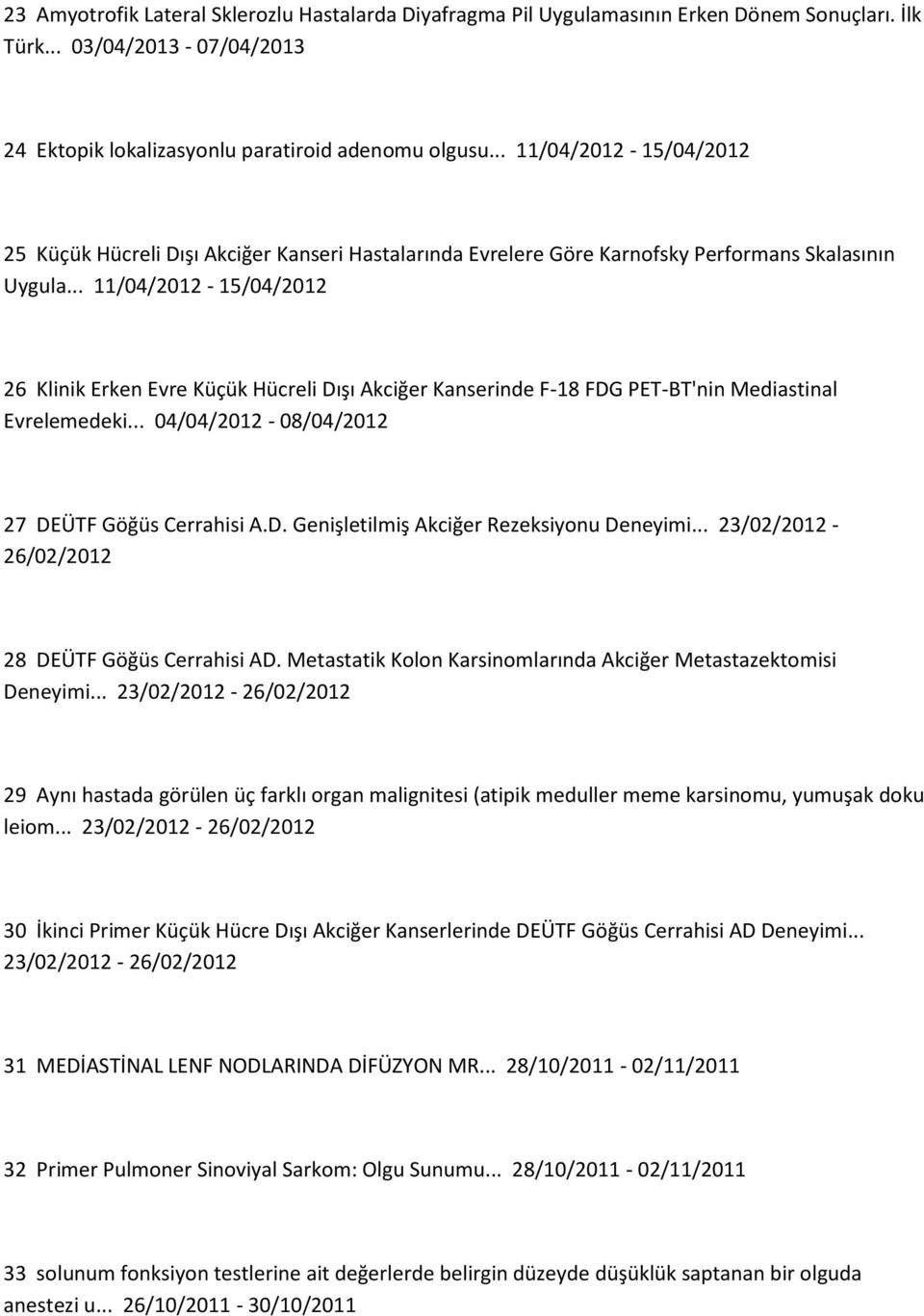 .. 11/04/2012-15/04/2012 26 Klinik Erken Evre Küçük Hücreli Dışı Akciğer Kanserinde F-18 FDG PET-BT'nin Mediastinal Evrelemedeki... 04/04/2012-08/04/2012 27 DEÜTF Göğüs Cerrahisi A.D. Genişletilmiş Akciğer Rezeksiyonu Deneyimi.