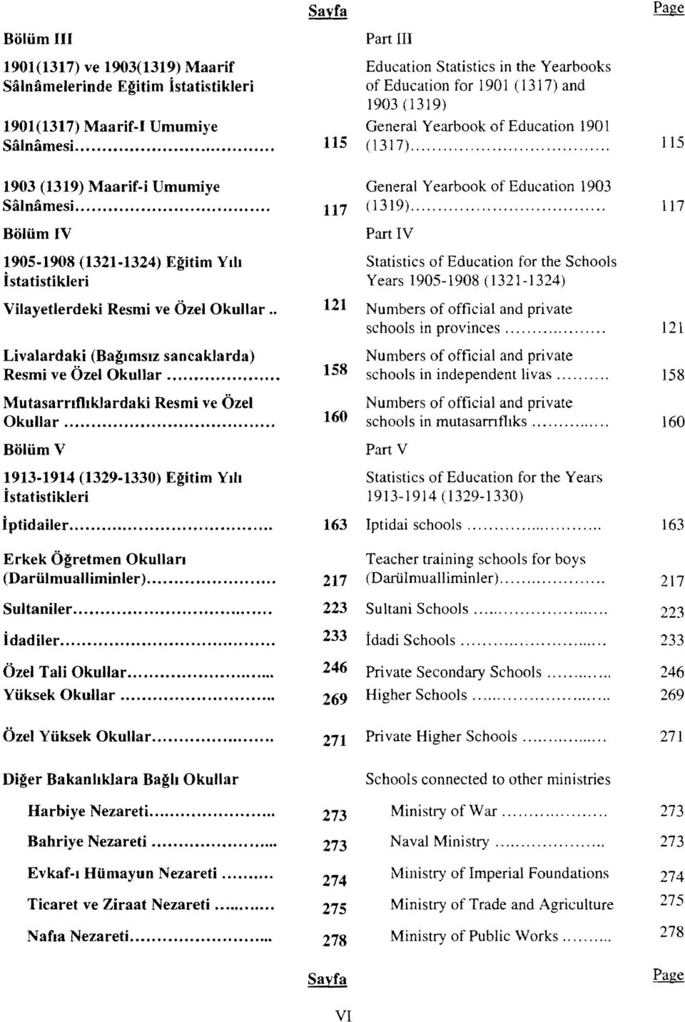 .. 117 Boliim IV Part IV 1905-1908 (1321-1324) Egitim VIii Statistics of Education for the Schools istatistikleri Years 1905-1908 (1321-1324) Vilayetlerdeki Resmi ve Ozel Okullar.