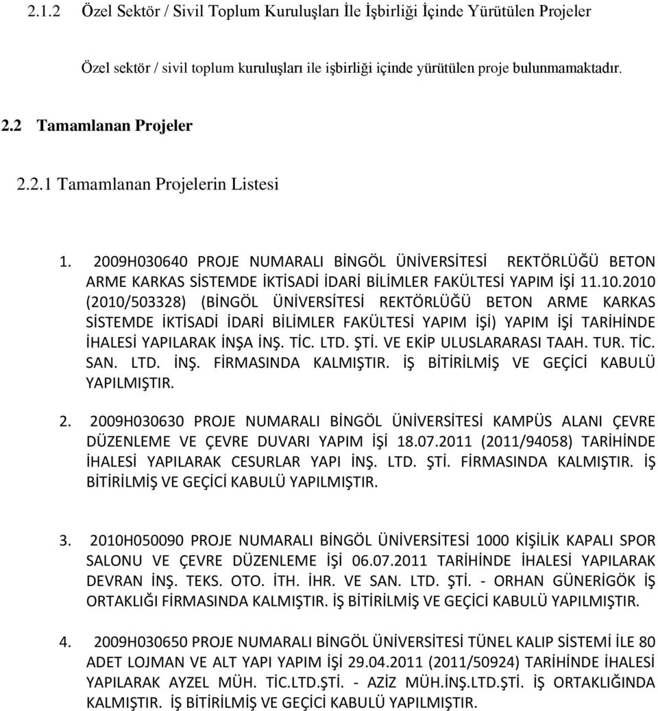 2010 (2010/503328) (BİNGÖL ÜNİVERSİTESİ REKTÖRLÜĞÜ BETON ARME KARKAS SİSTEMDE İKTİSADİ İDARİ BİLİMLER FAKÜLTESİ YAPIM İŞİ) YAPIM İŞİ TARİHİNDE İHALESİ YAPILARAK İNŞA İNŞ. TİC. LTD. ŞTİ.