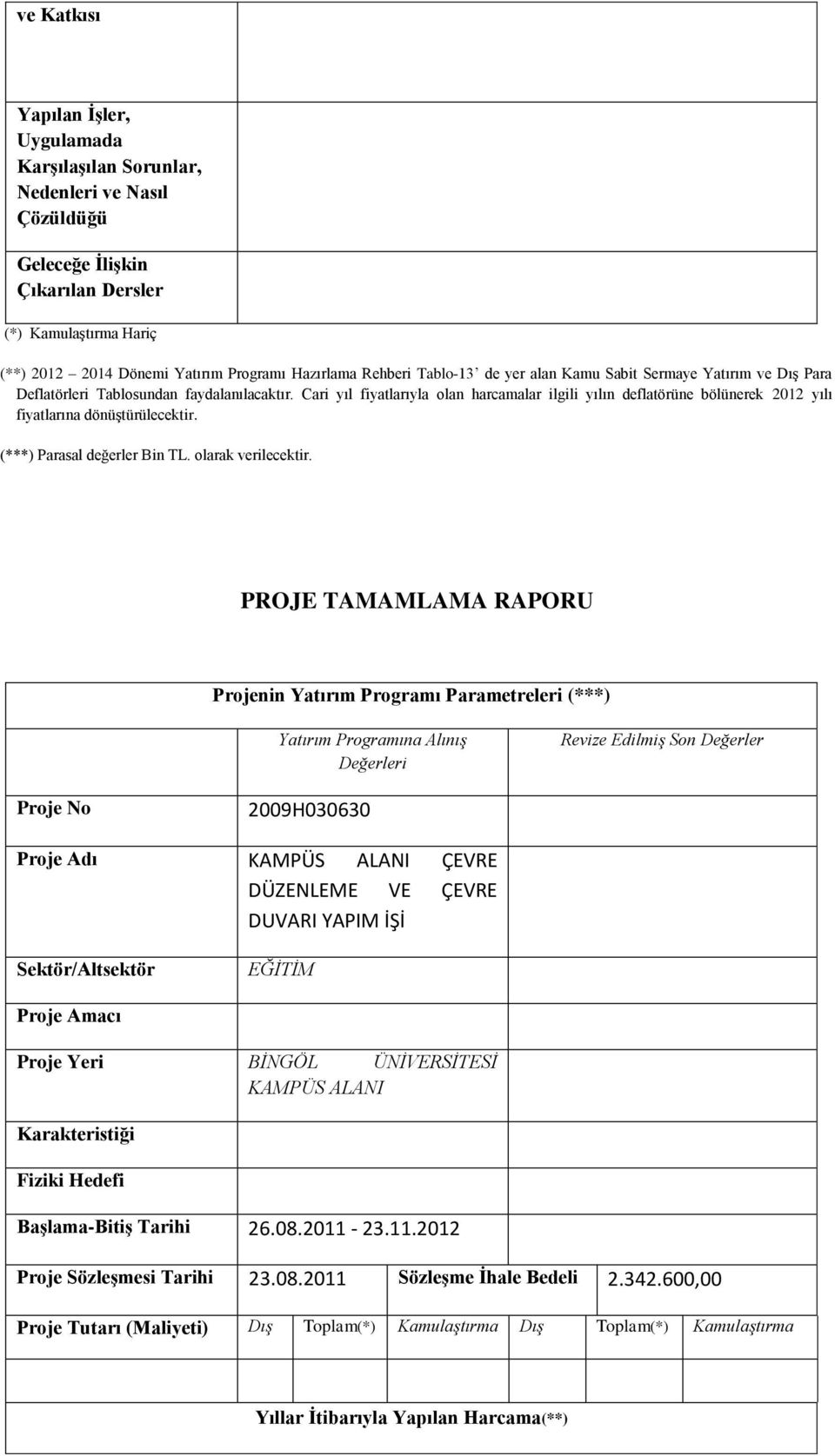 Cari yıl fiyatlarıyla olan harcamalar ilgili yılın deflatörüne bölünerek 2012 yılı fiyatlarına dönüştürülecektir. (***) Parasal değerler Bin TL. olarak verilecektir.