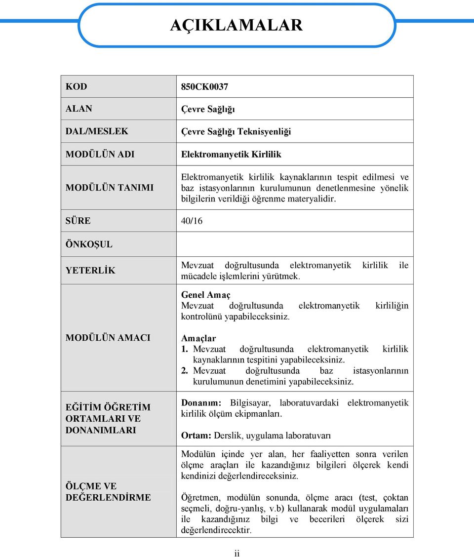 SÜRE 40/16 ÖNKOġUL YETERLĠK Mevzuat doğrultusunda elektromanyetik kirlilik ile mücadele iģlemlerini yürütmek. Genel Amaç Mevzuat doğrultusunda elektromanyetik kirliliğin kontrolünü yapabileceksiniz.